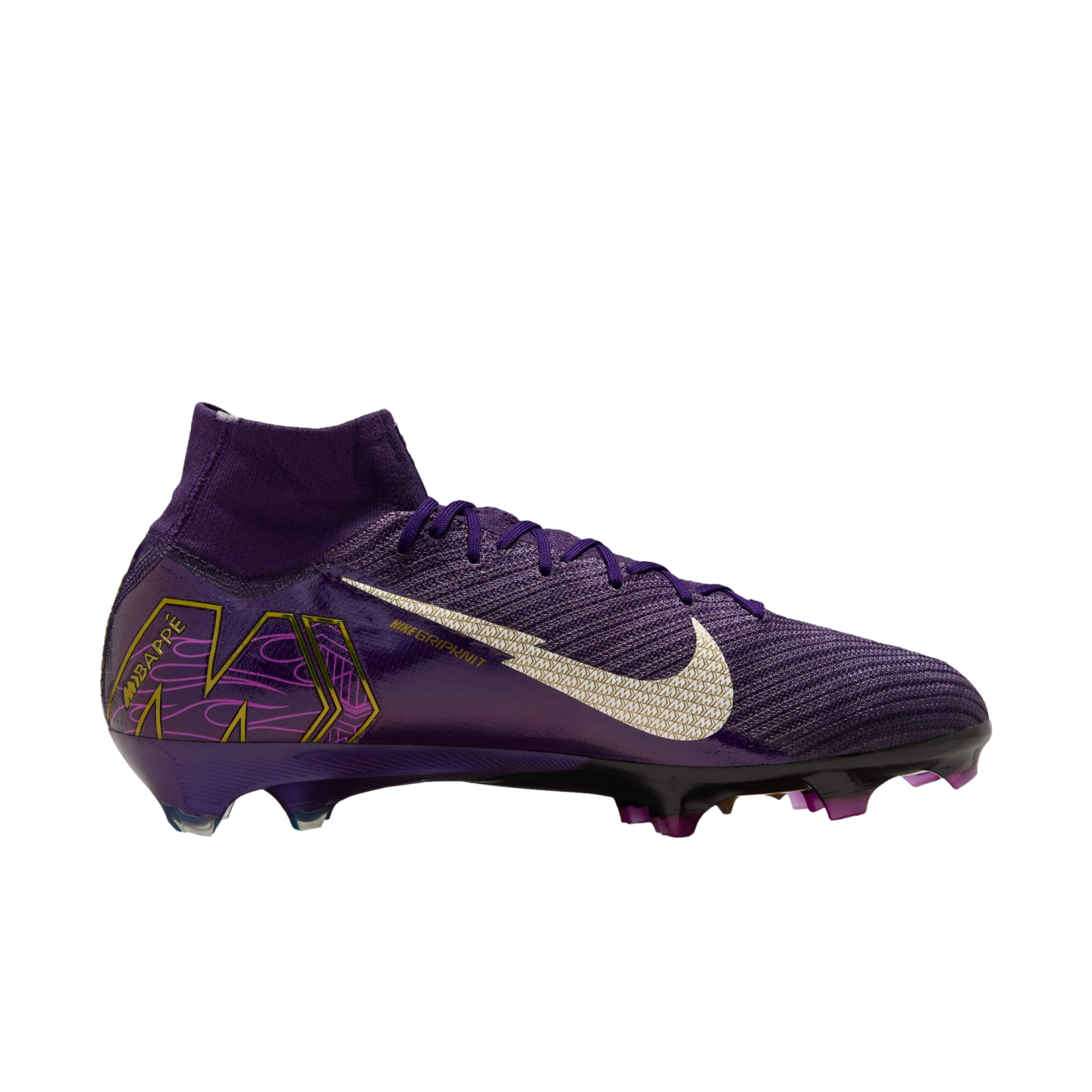 A purple Nike soccer cleat with a high-top ankle collar, a gold-patterned white swoosh, and the name "MBAPPÉ" on the heel.