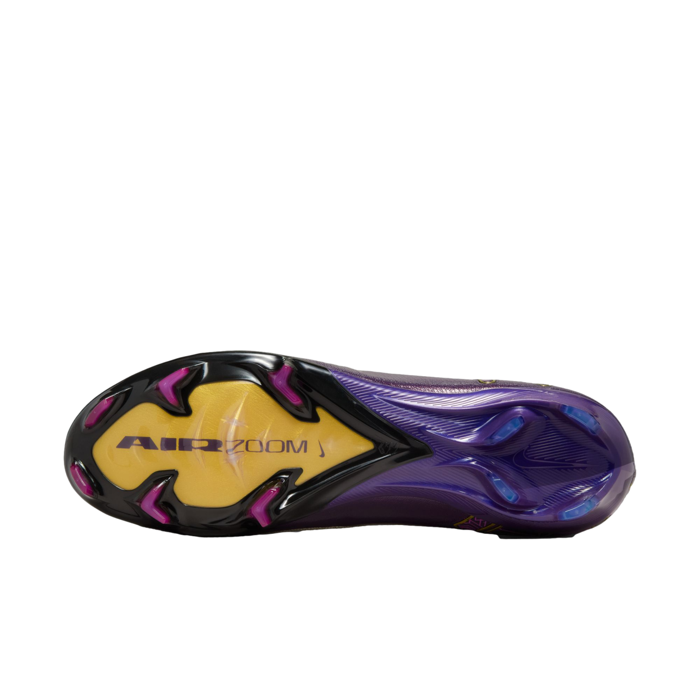 Underside of a purple Nike Air Zoom Mercurial soccer boot showing the black and yellow soleplate with multi-colored studs.