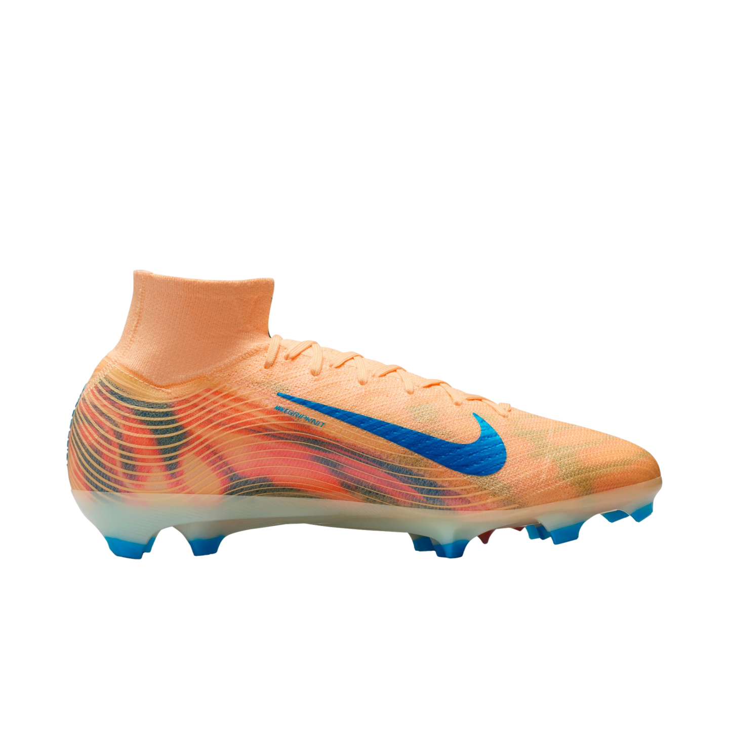 A light orange Nike soccer cleat with a blue swoosh and vibrant red and blue wavy graphics on the side. It features a high-top sock-like collar and blue studs.