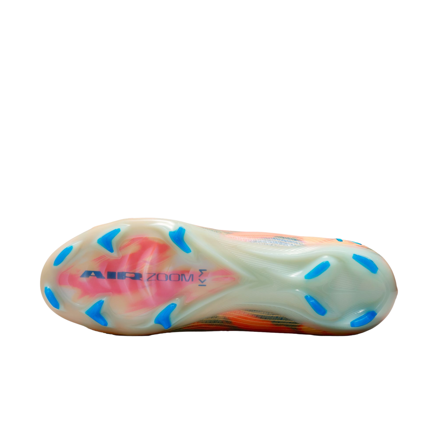Bottom view of a Nike soccer cleat featuring a translucent soleplate with blue studs and "AIR ZOOM" branding on a black background.