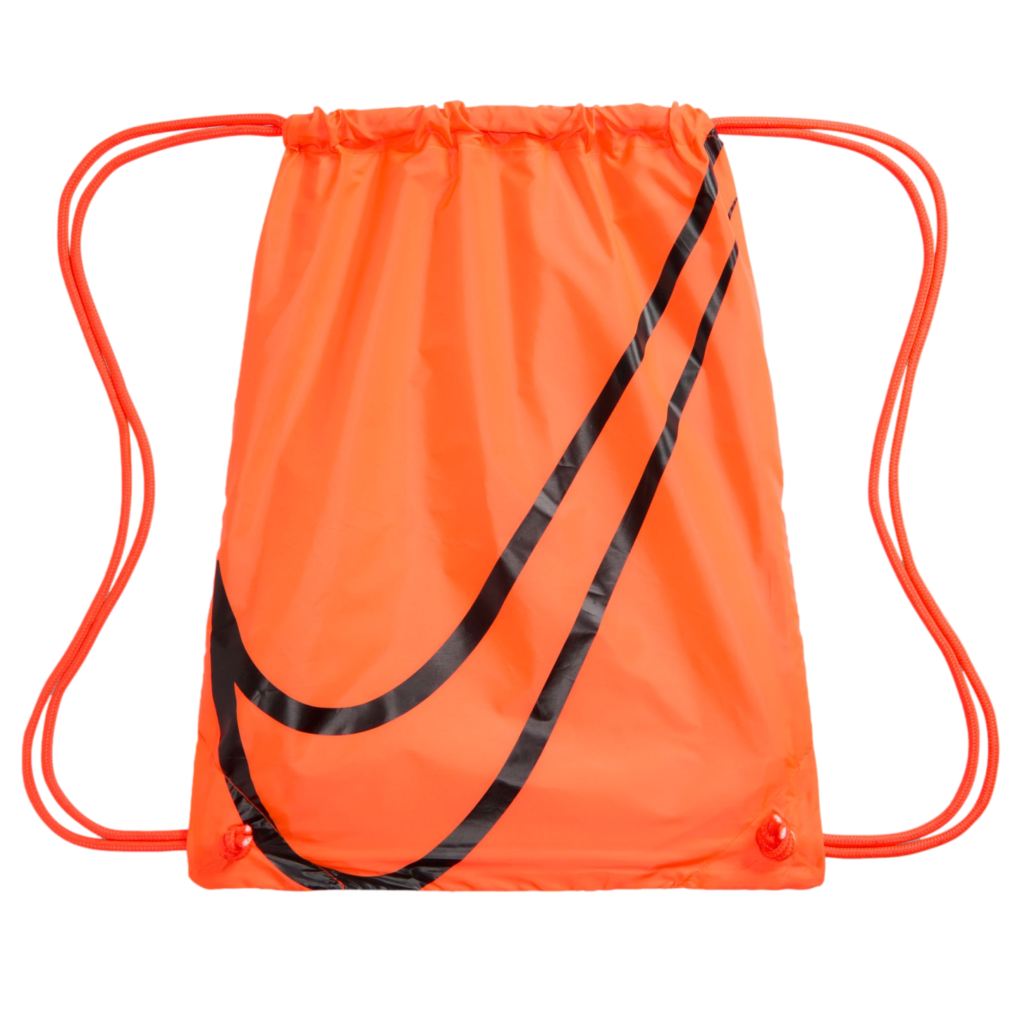A bright neon orange Nike drawstring bag with a large black swoosh logo on the front and matching orange cord straps, set against a solid black background.