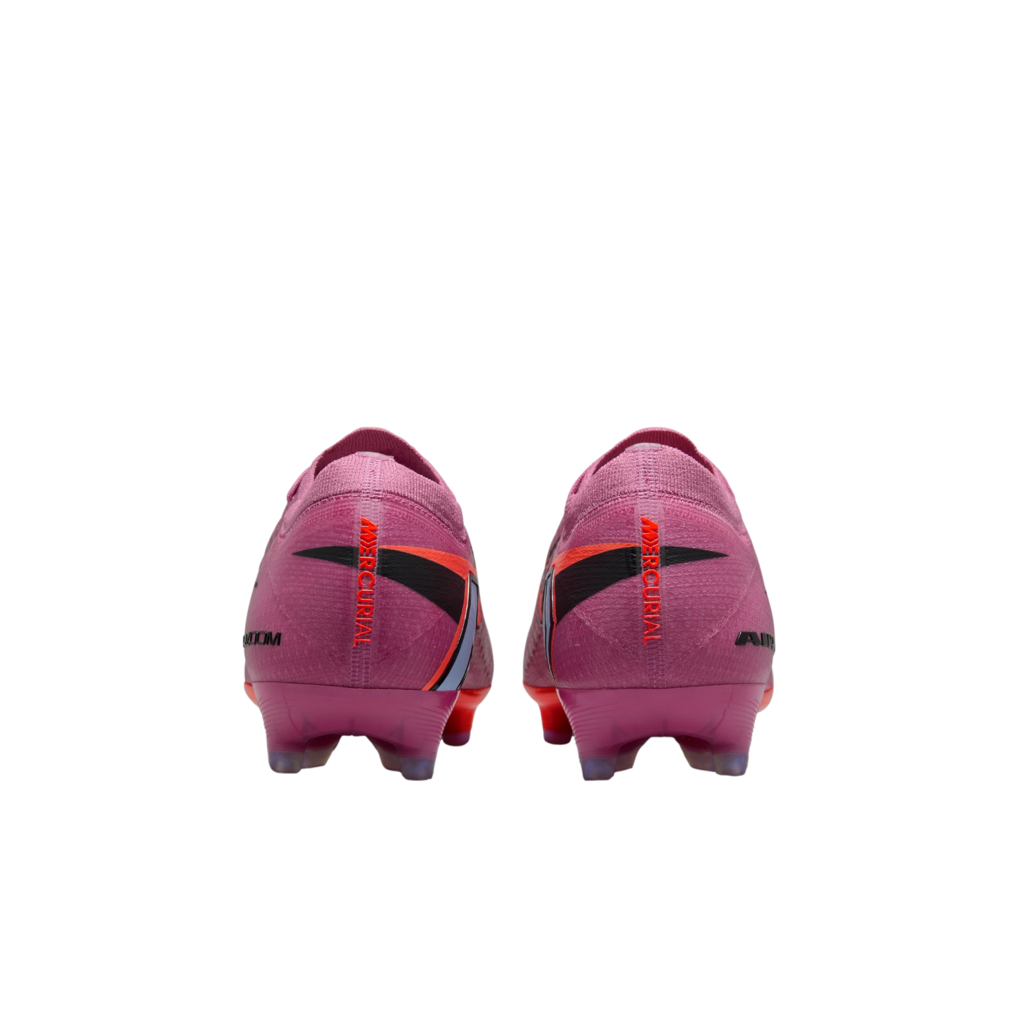 Rear view of pink Nike Mercurial soccer cleats with orange and black accents on a black background.