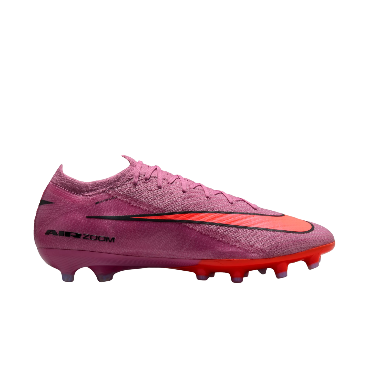 Nike Mercurial football boot in pink with a large orange swoosh and orange studded sole. Features "AIR ZOOM" branding on the side. Set against a black background.