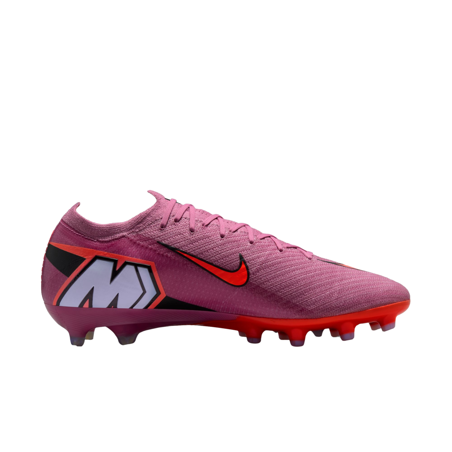 Pink Nike Mercurial soccer cleat with bright orange accents and a large "M" logo on the heel, set against a solid black background.