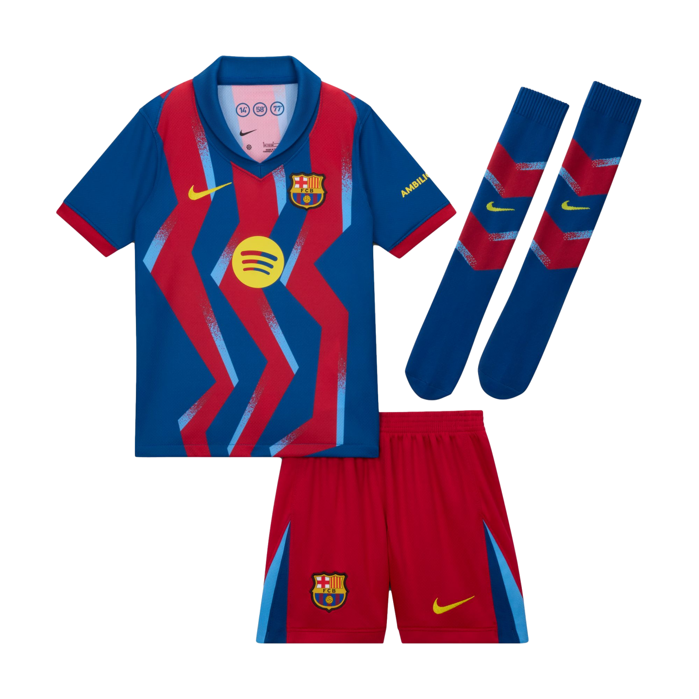 FC Barcelona football kit featuring a blue zig-zag jersey, red shorts, and blue socks with Nike and team branding on a solid black background.