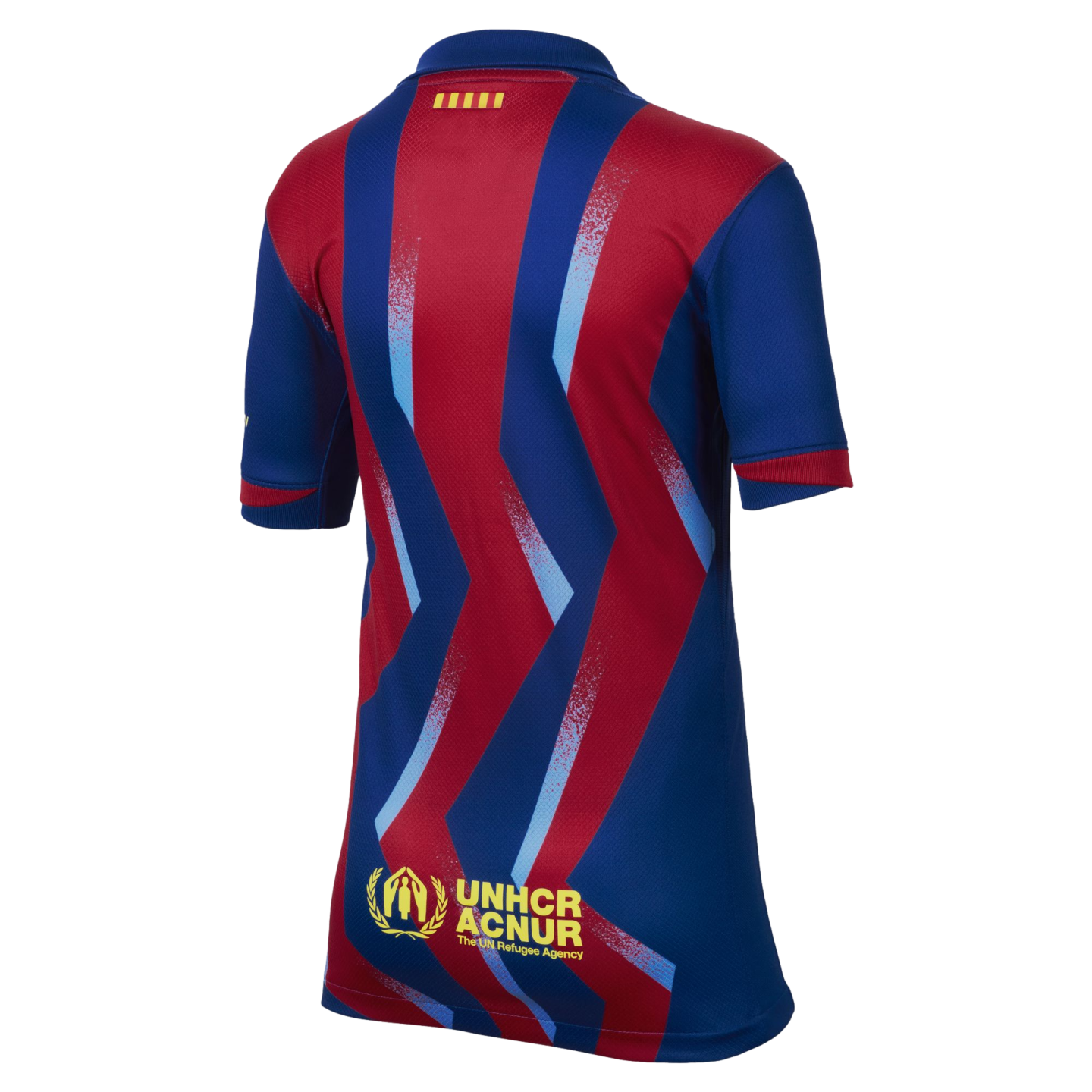 Back view of an FC Barcelona jersey with red and blue zigzag stripes, a small Catalan flag on the collar, and the UNHCR ACNUR logo at the bottom.
