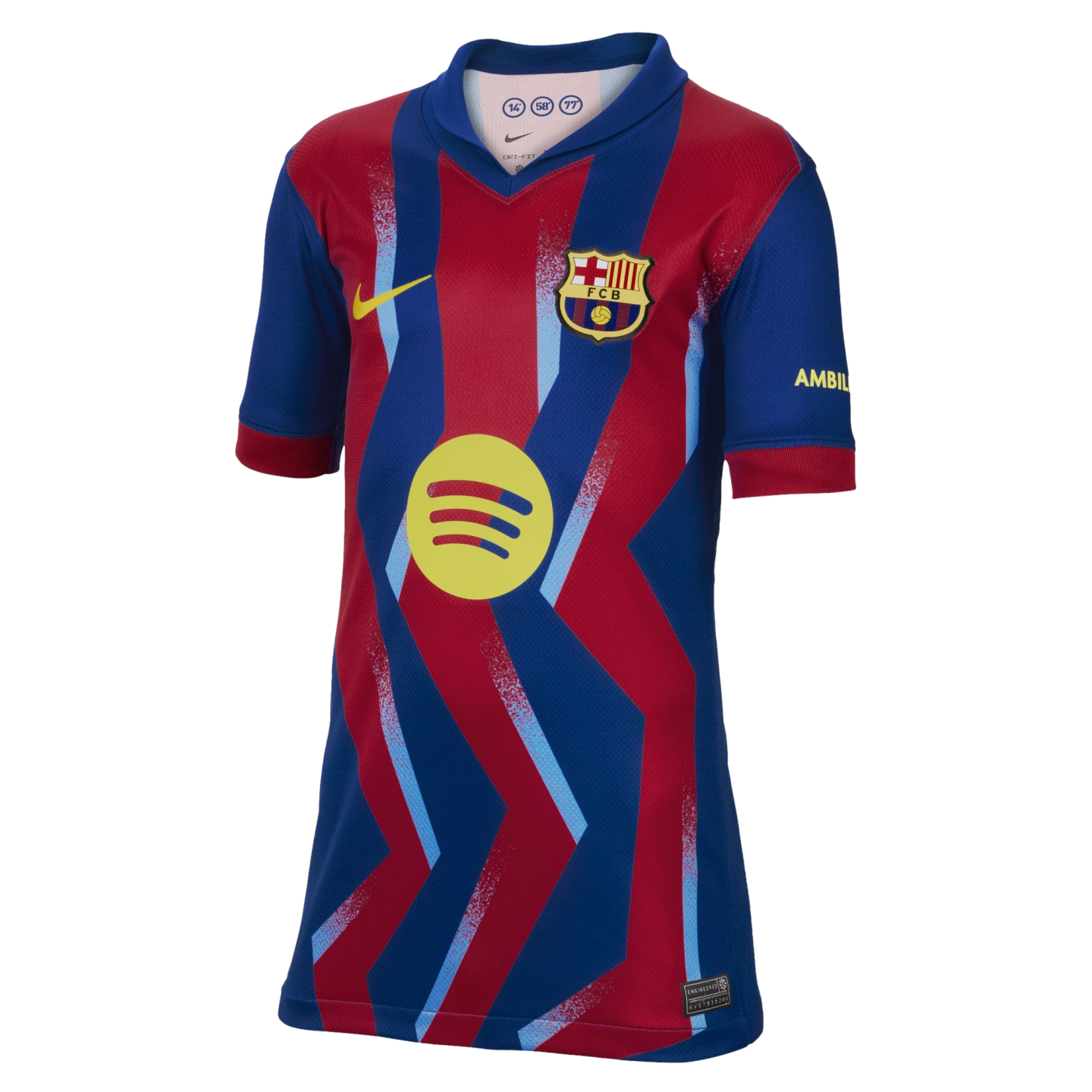 FC Barcelona home jersey with red and blue zig-zag stripes, yellow Nike swoosh, team crest, and a large yellow circular Spotify logo in the center.