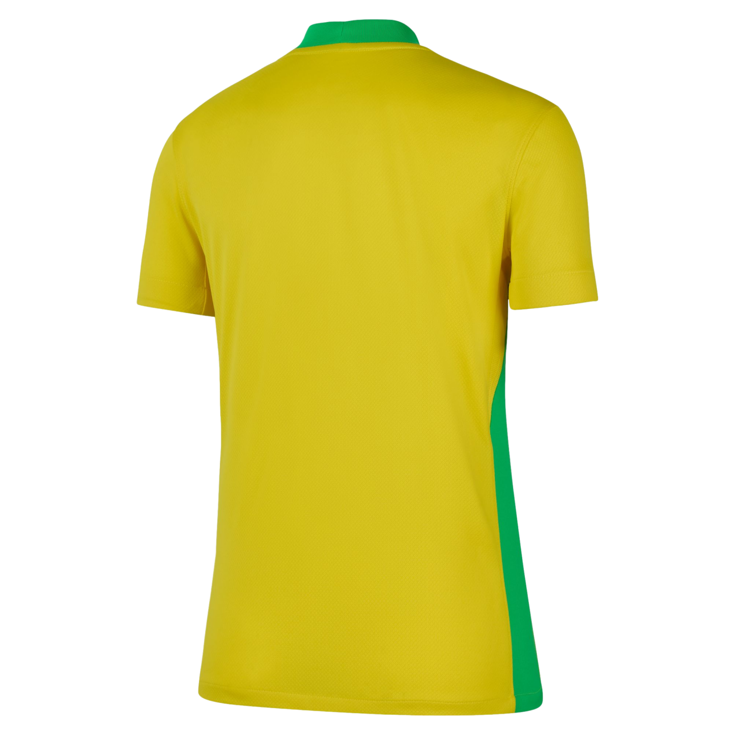 Back view of a yellow short-sleeve jersey with a green crewneck collar and a vertical green stripe on the right side.