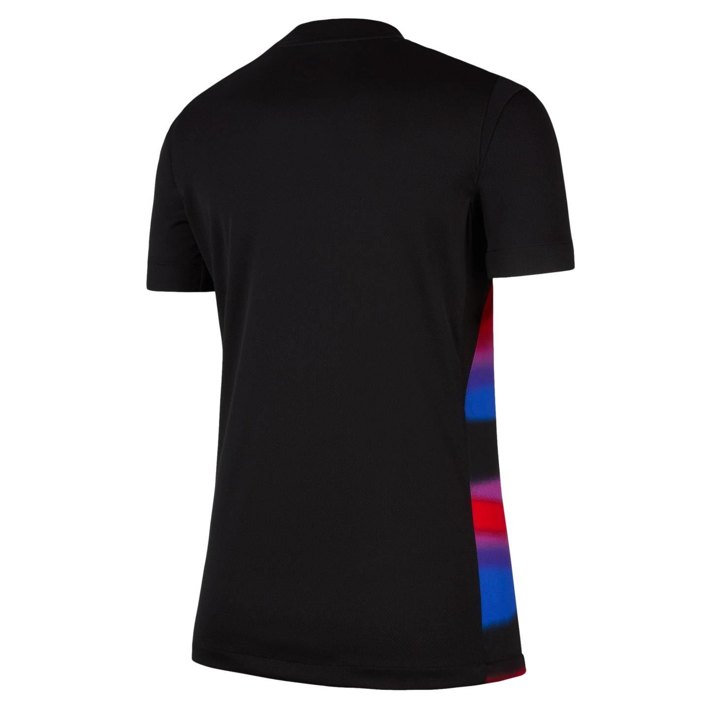 Back view of a black short-sleeved t-shirt featuring a red, blue, and purple gradient side panel, shown on a plain white background.