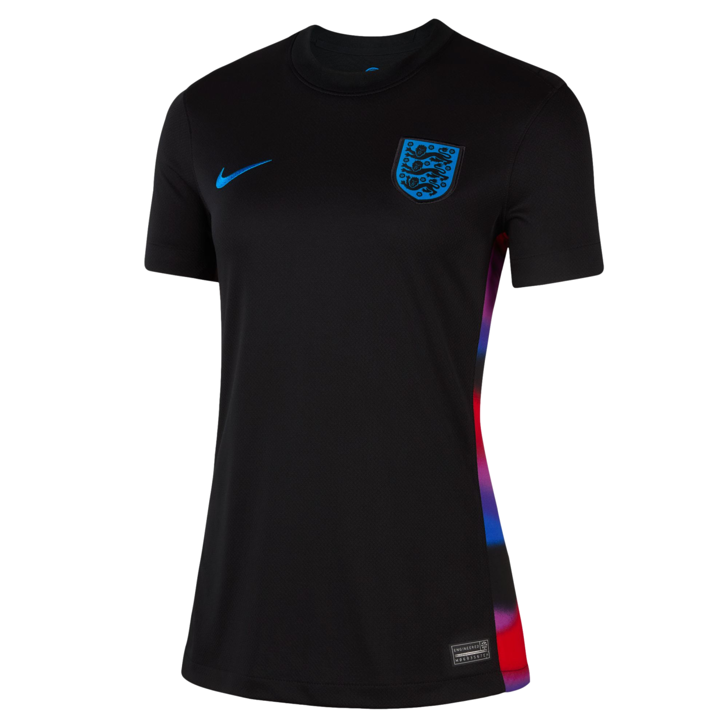 A black Nike England national team athletic jersey featuring a blue swoosh, the team's crest, and a colorful gradient pattern along the side.