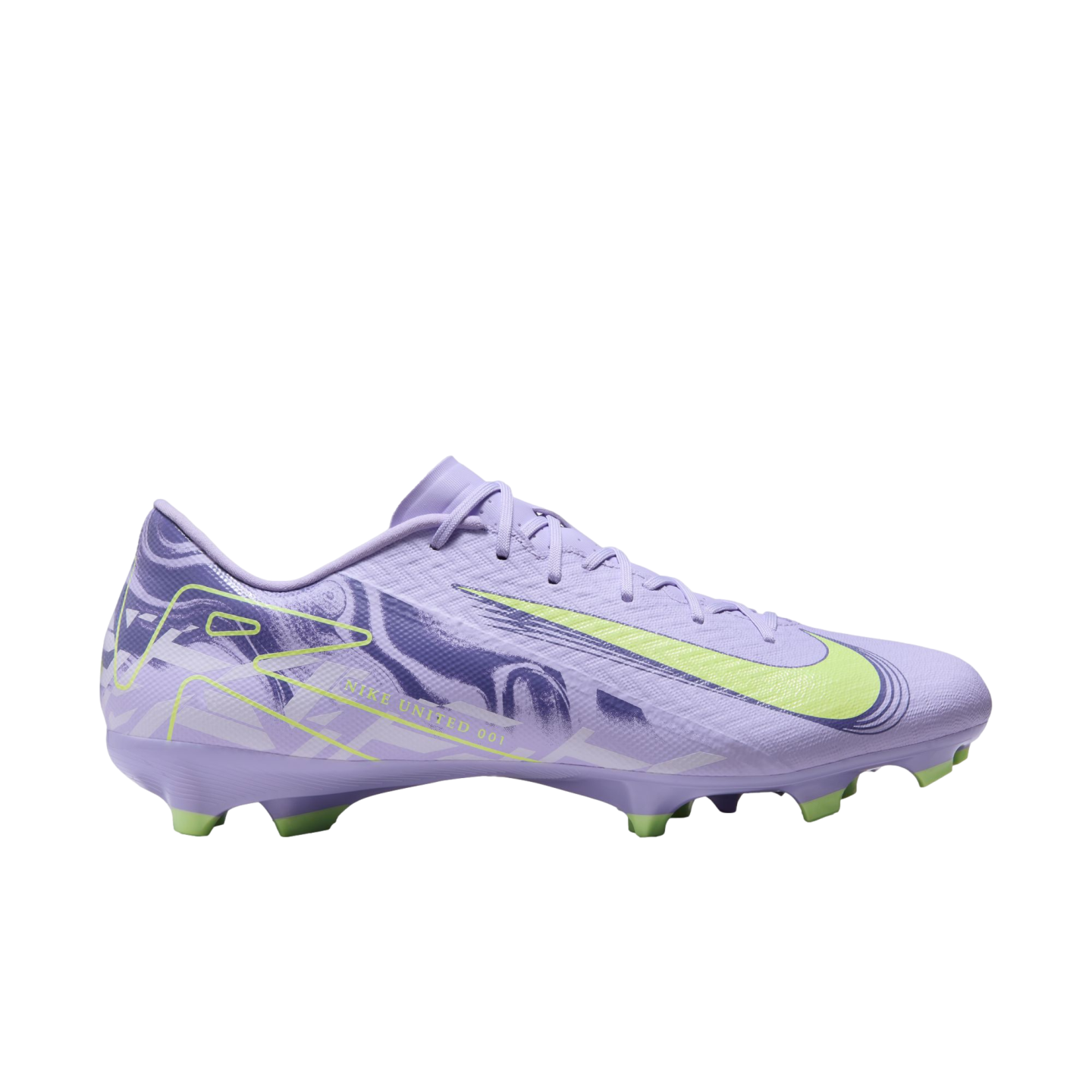 Light purple Nike soccer cleat with neon green accents and wavy graphic patterns, set against a plain white background.