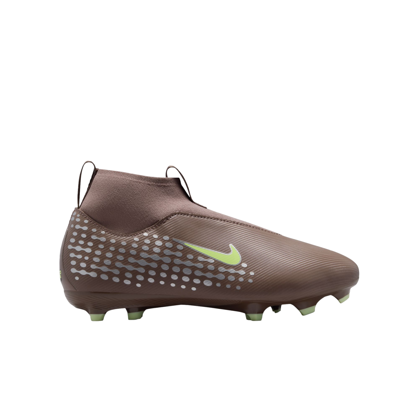 A taupe Nike soccer cleat with a lime green swoosh and studs, featuring a silver-dotted pattern on the heel against a black backdrop.