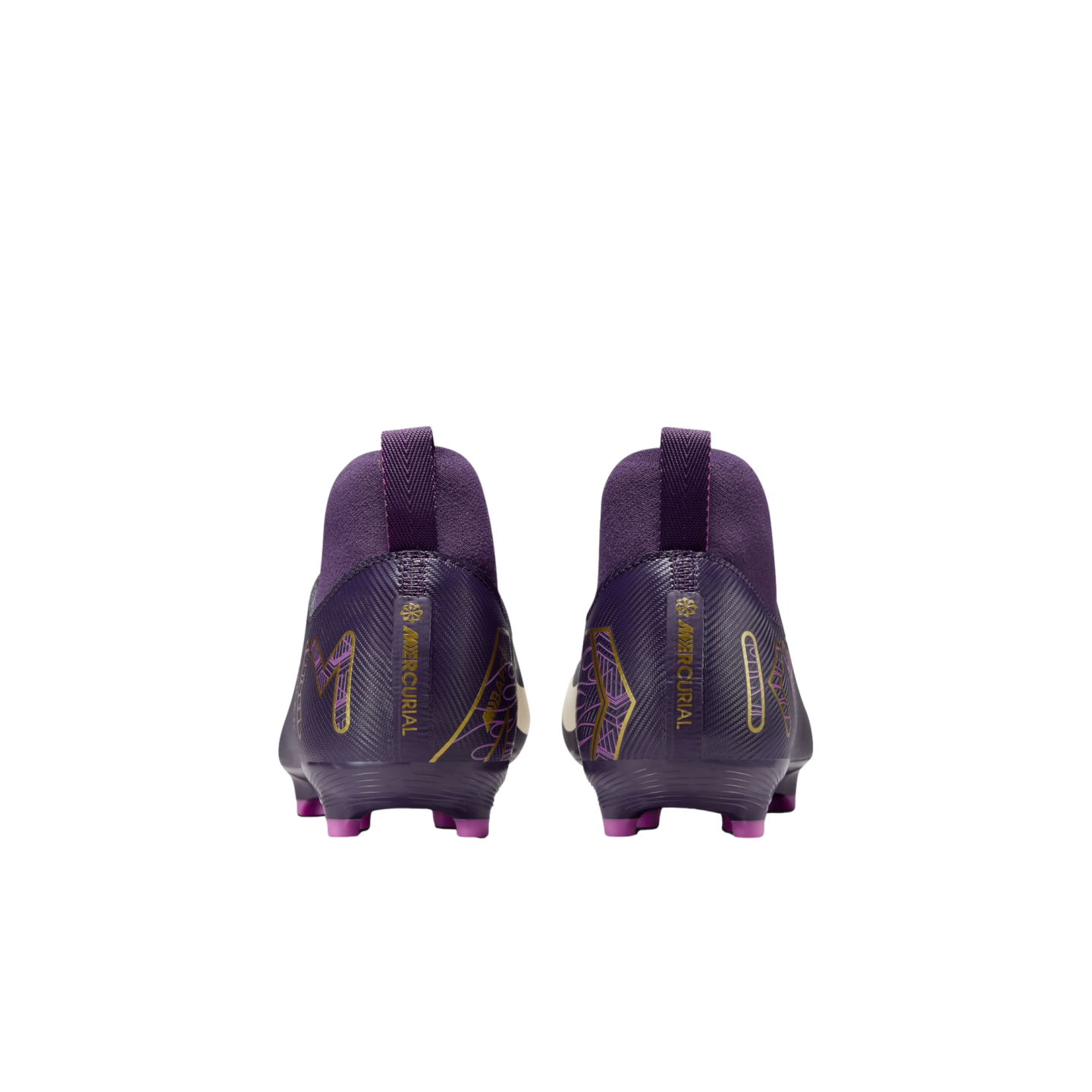 Rear view of purple Nike Mercurial soccer cleats with gold and pink accents on a white background.