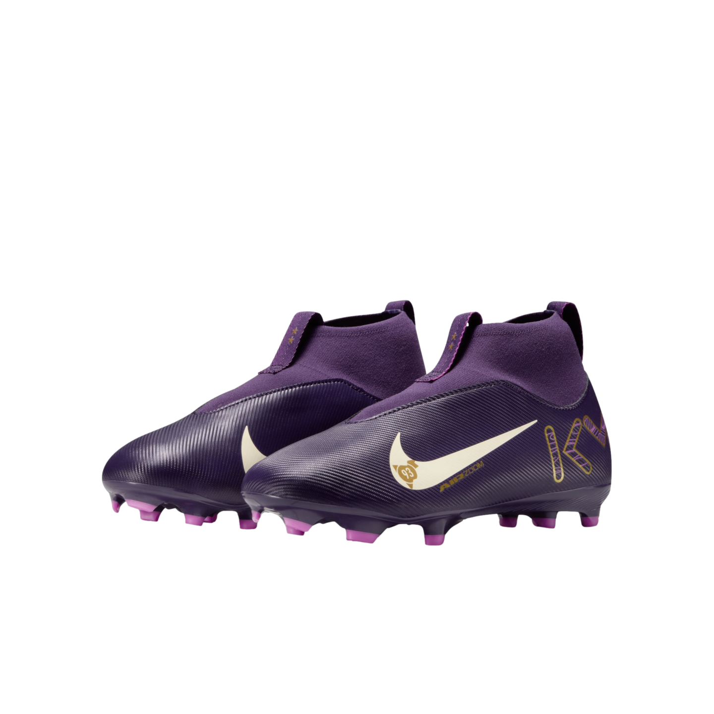 Purple Nike soccer cleats with white swooshes and a sock-like collar on a white background.