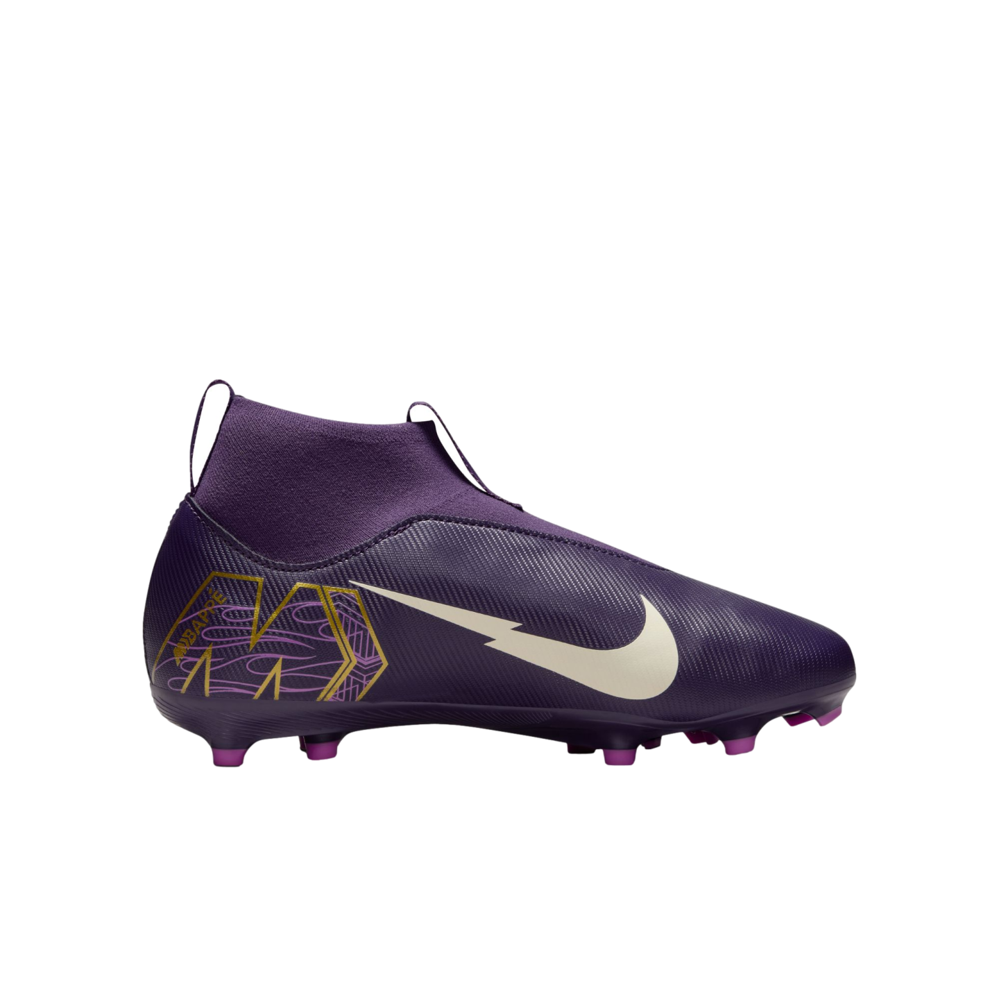 Purple Nike laceless soccer cleat featuring a high collar, white lightning swoosh, and gold Mbappe logo on the heel.