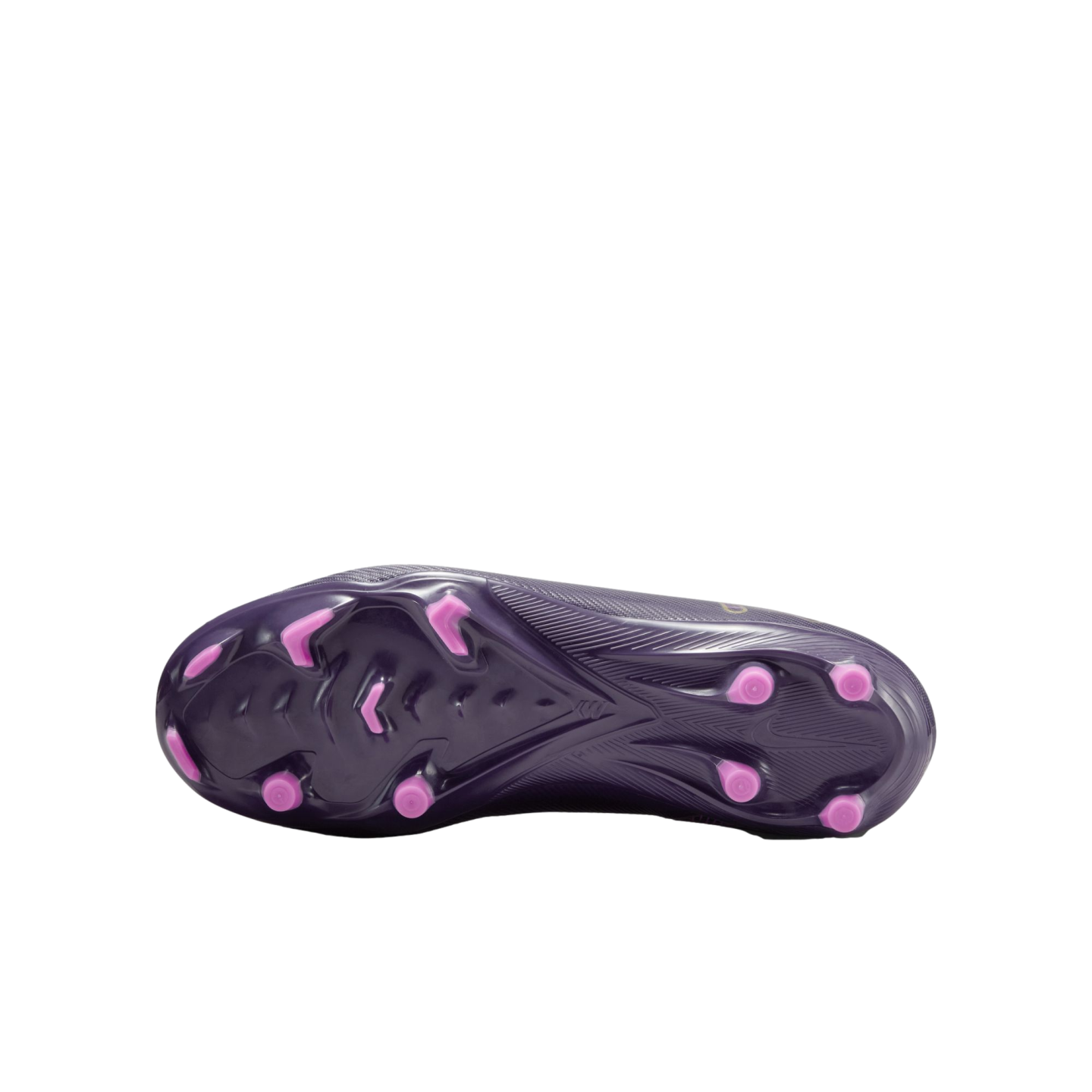 Soleplate view of a purple Nike soccer cleat with pink conical and bladed studs against a white background.