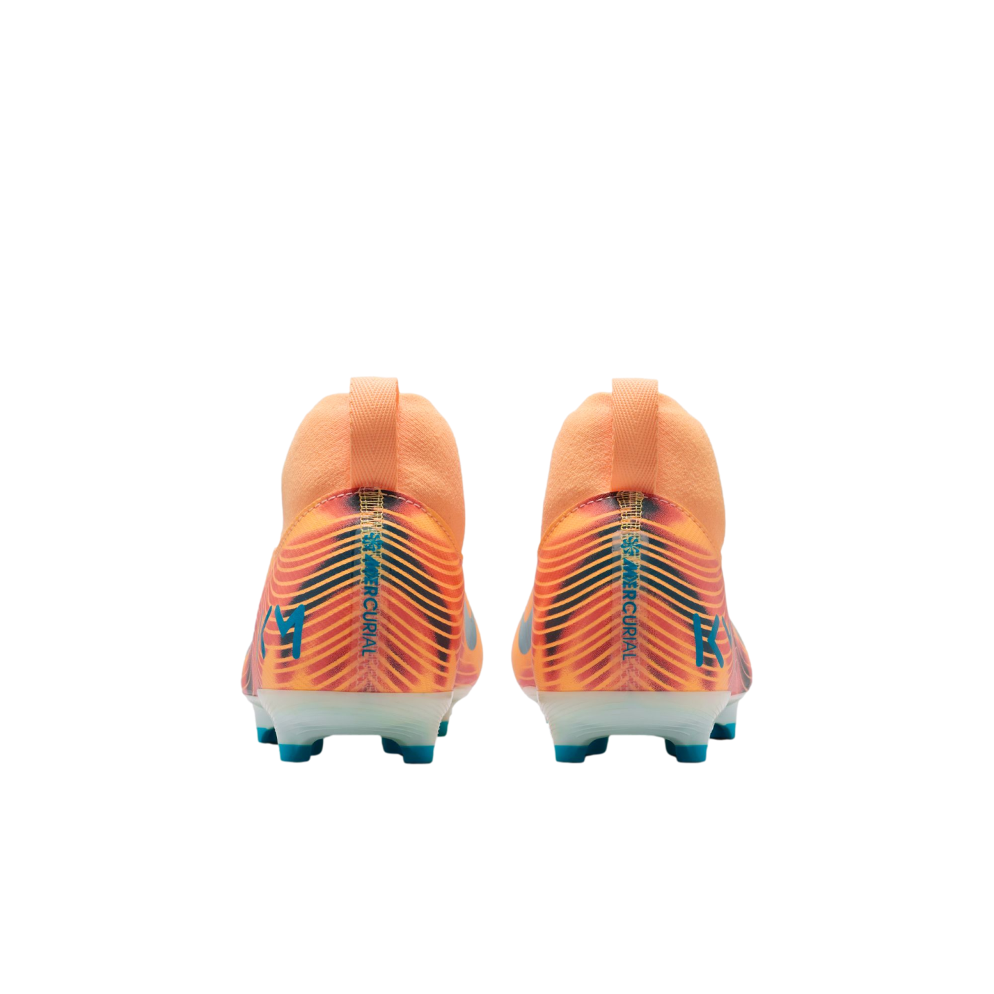 Rear view of orange Nike Mercurial soccer cleats with blue "KM" initials and dark wave patterns.