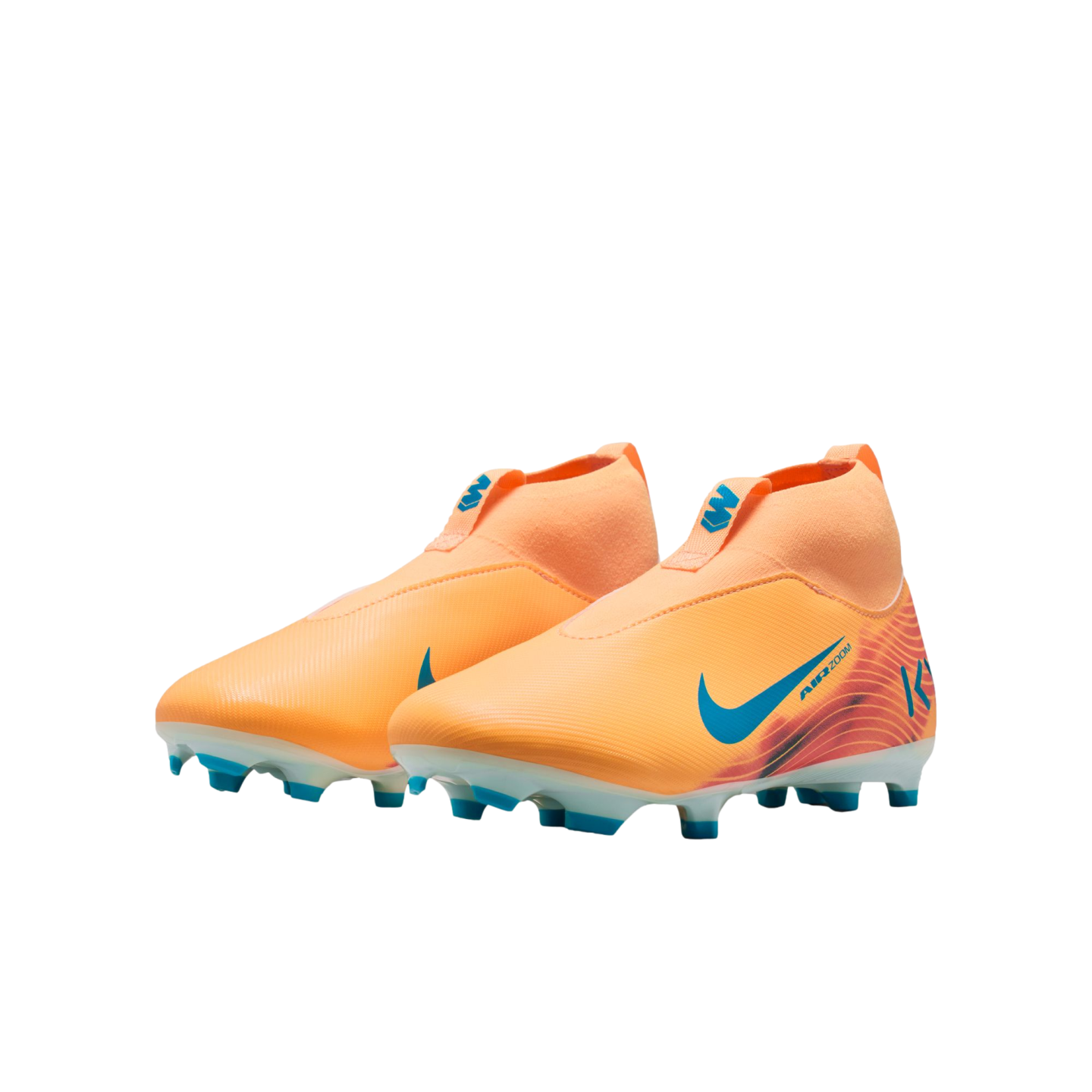 A pair of bright orange Nike soccer cleats with blue swoosh logos and studs. These laceless boots feature a high-top design and "AIR ZOOM" branding.