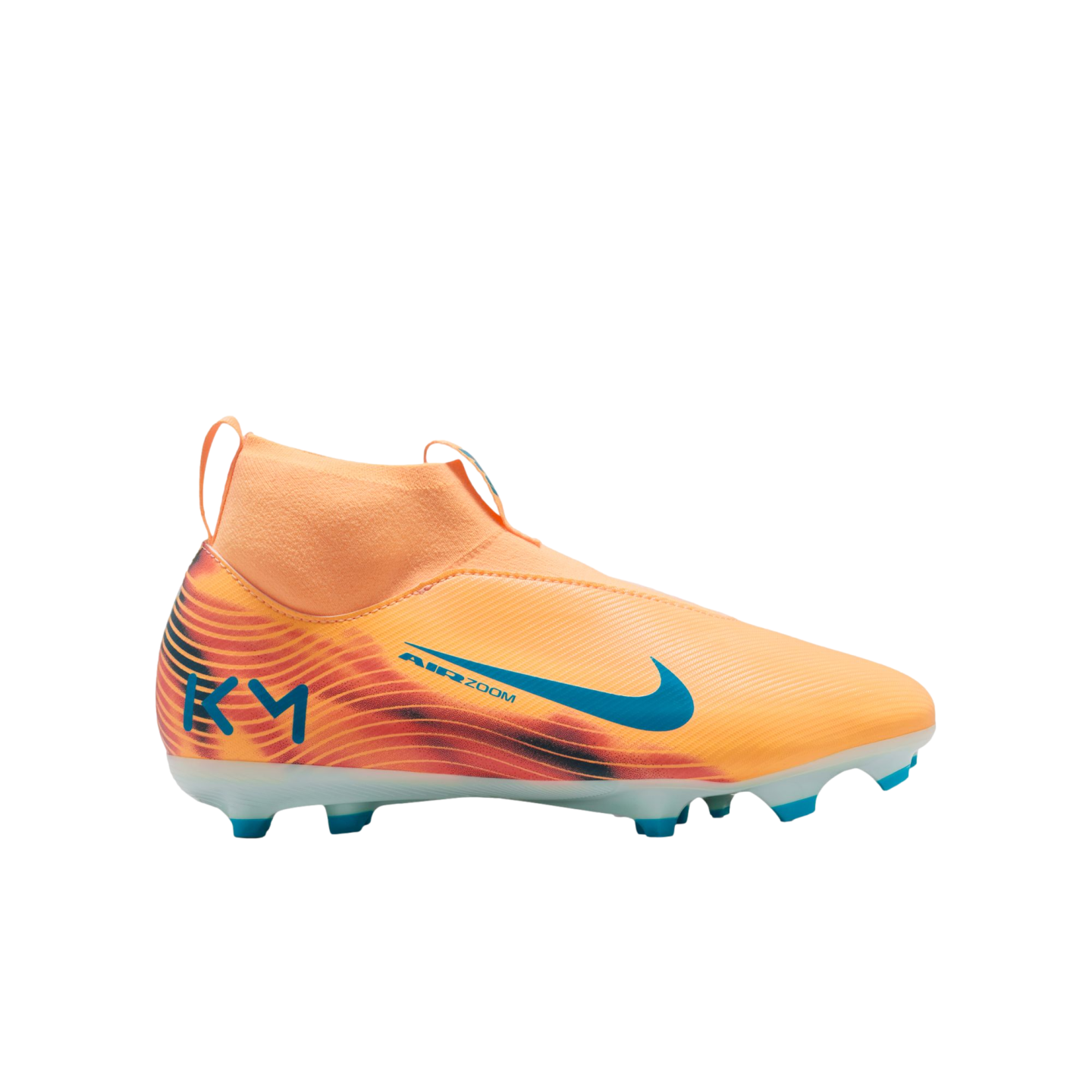 An orange and peach Nike soccer cleat with blue accents, featuring a laceless design, high-top collar, and "KM" logo on the heel, set against a black background.