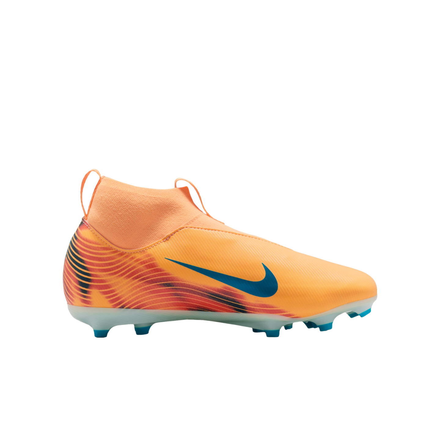 Orange Nike laceless soccer cleat with a teal swoosh, high-top sock collar, and wavy red and black patterns on the heel.