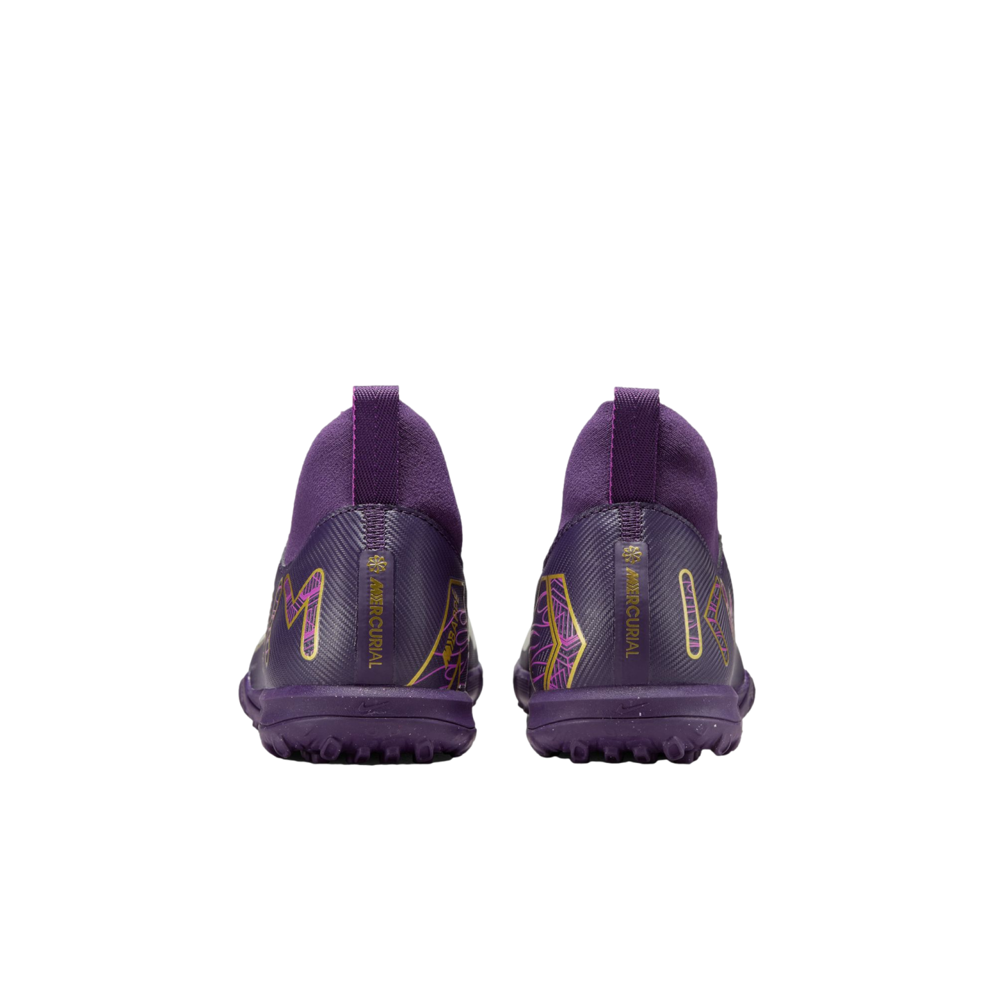 Back view of two purple Nike Mercurial turf soccer shoes featuring gold and pink geometric patterns and an integrated ankle sleeve.