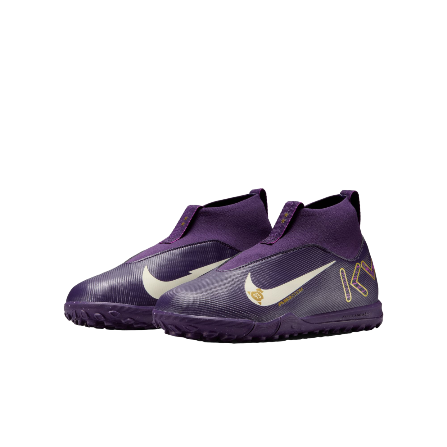 A pair of purple and gold Nike soccer turf shoes featuring a laceless design and high-top sock collar.