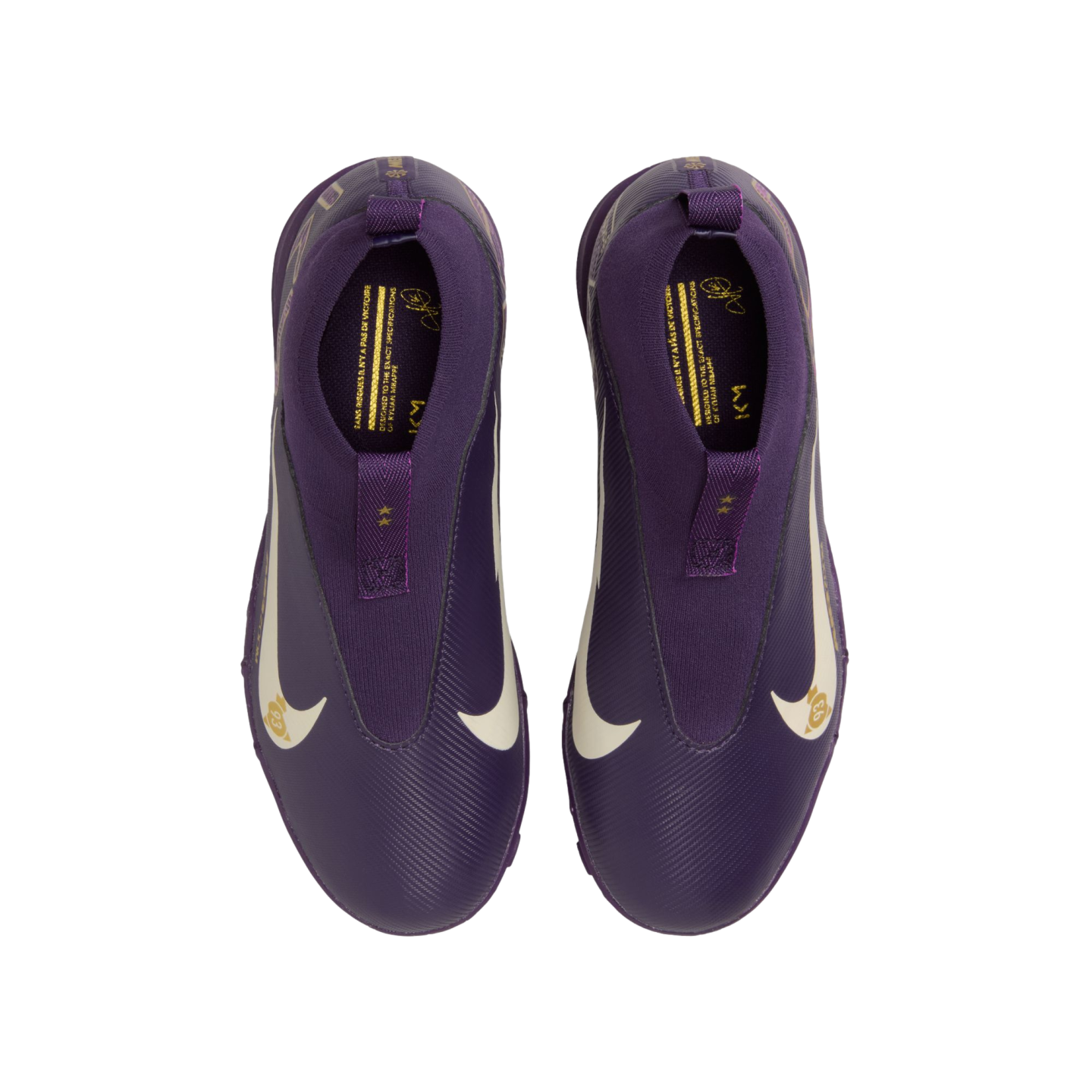 Top-down view of a pair of purple Nike soccer cleats with gold accents and a laceless, high-collar design.