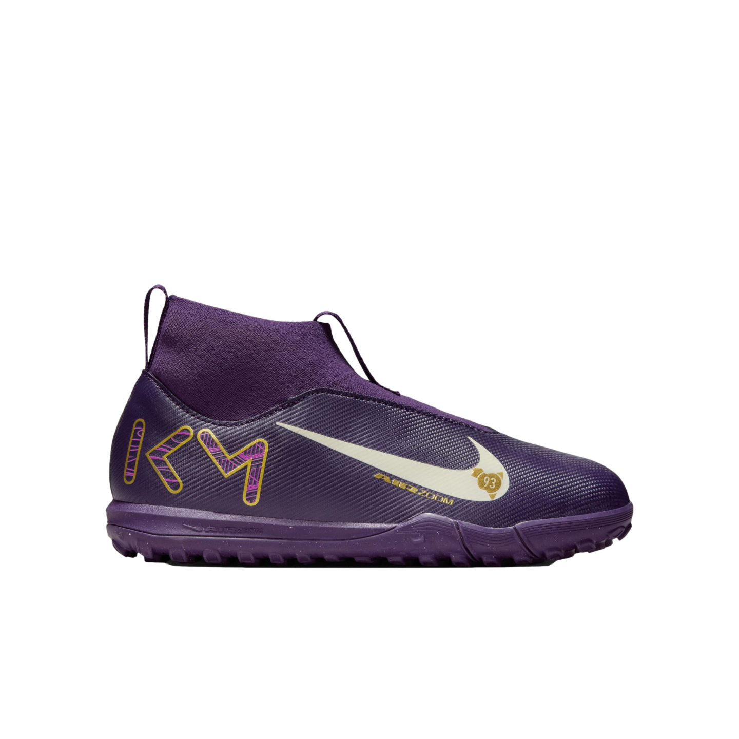 Side profile of a purple Nike Air Zoom Kylian Mbappé turf soccer shoe featuring a white Nike swoosh and gold KM logo on a white background.
