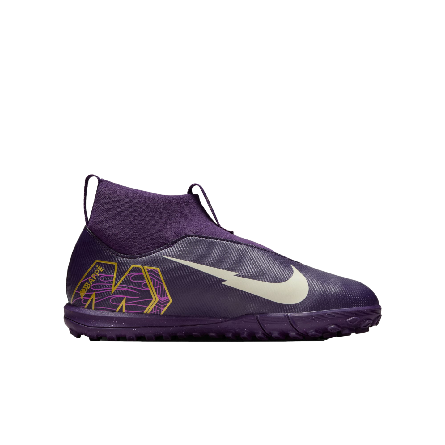 Side view of a purple Nike high-top turf soccer shoe featuring a white swoosh and gold Kylian Mbappé graphic logo.