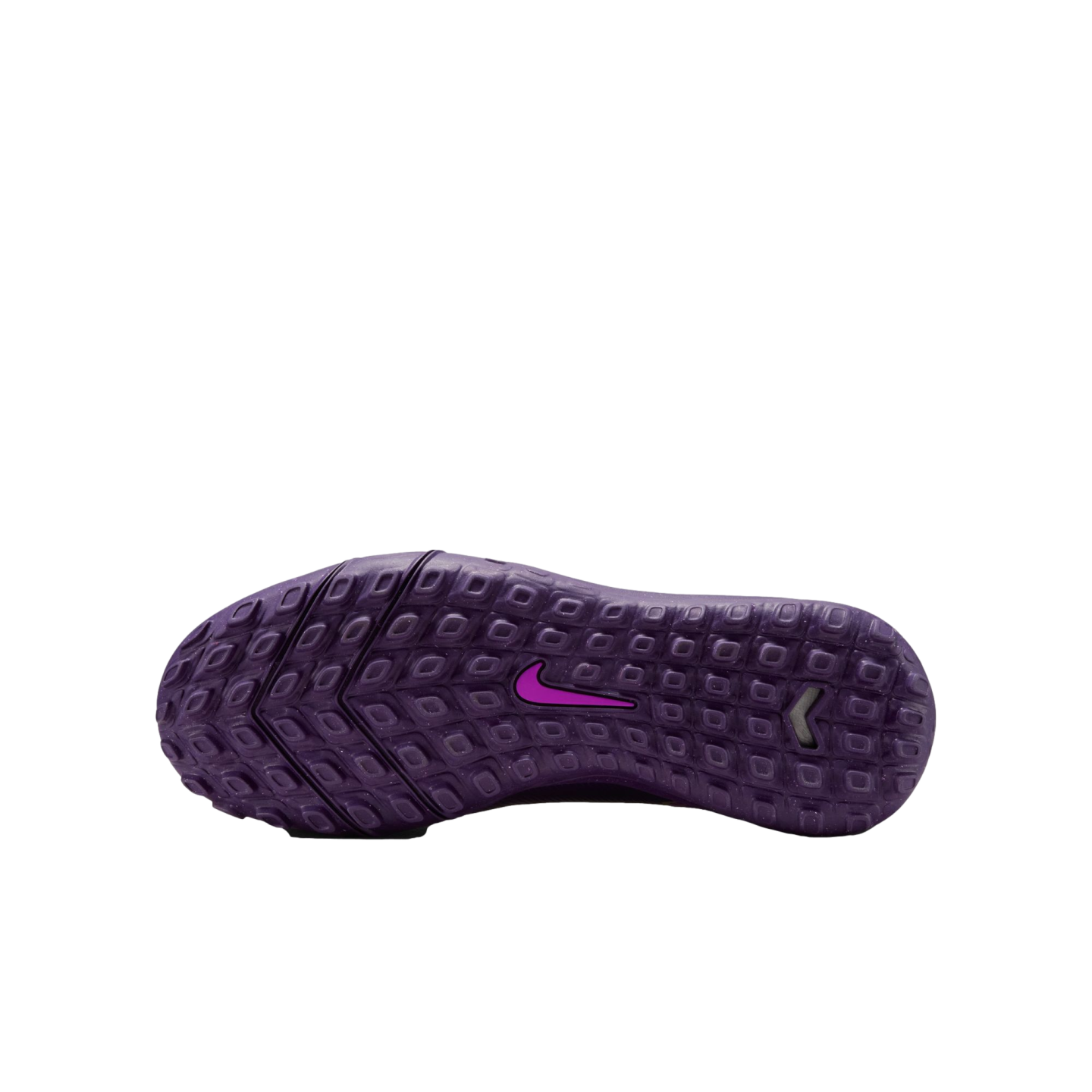 The textured purple outsole of a Nike shoe, featuring a pink swoosh logo and lugged traction pattern.