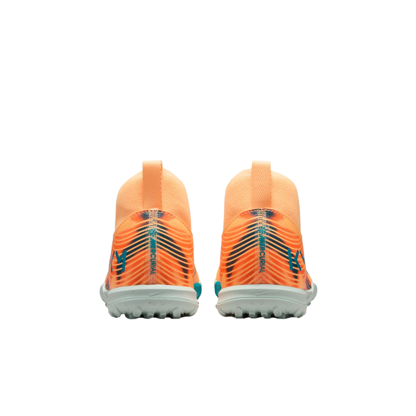 Rear view of two orange Nike Mercurial turf soccer shoes featuring blue accents and KM logos on the heels.