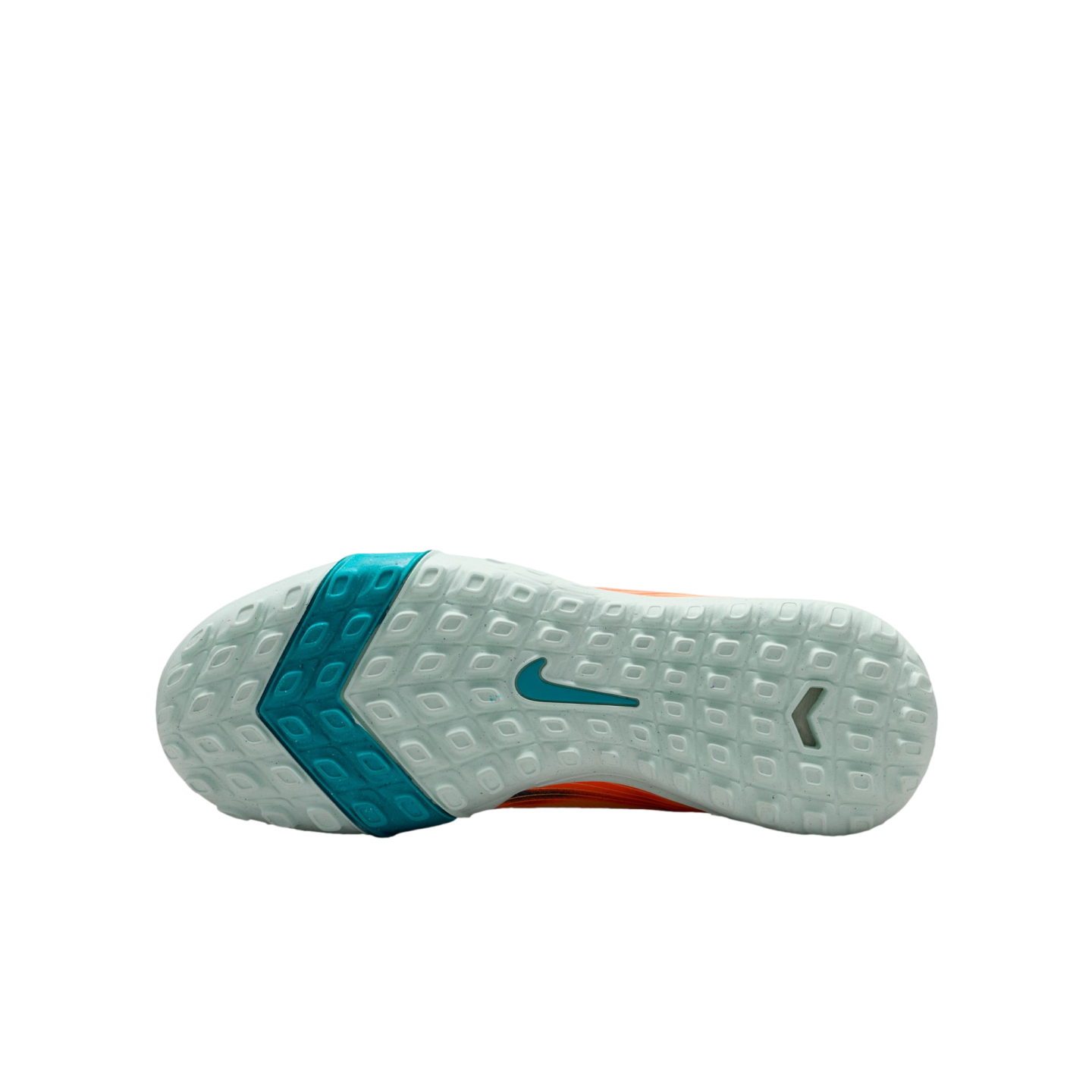 The white textured outsole of a Nike shoe features a teal chevron pattern and teal swoosh logo against a black background.