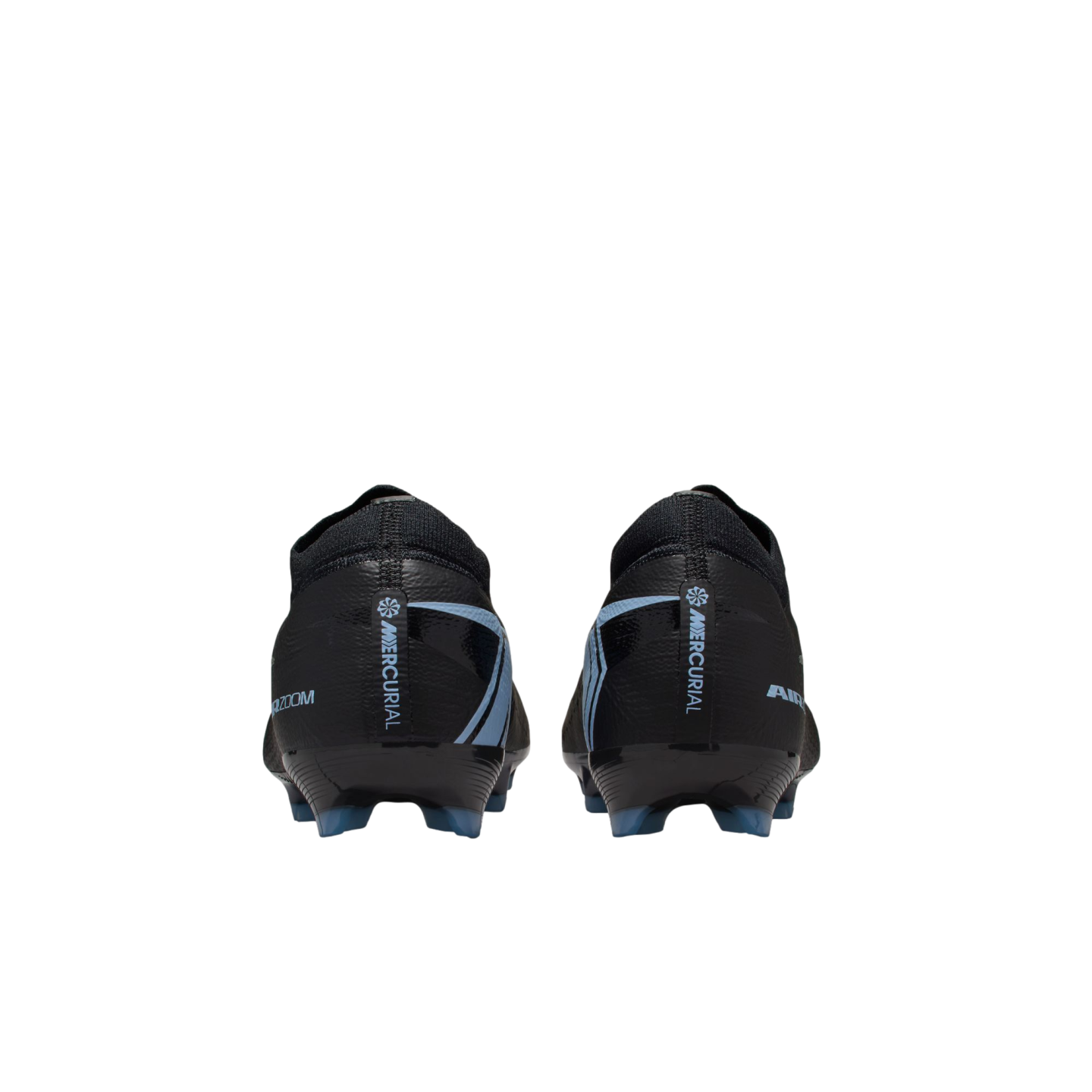 Rear view of black Nike Mercurial soccer cleats with light blue accents, isolated on a black background.