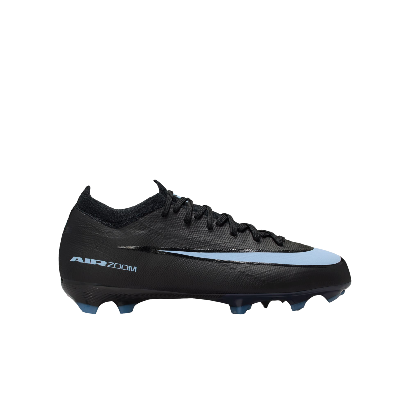 Black Nike Air Zoom soccer cleat with a light blue swoosh and blue-tipped studs, displayed against a black background.