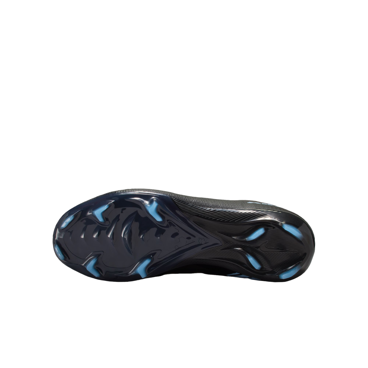 Underside of a black Nike soccer cleat with light blue studs, displayed horizontally on a solid black background.