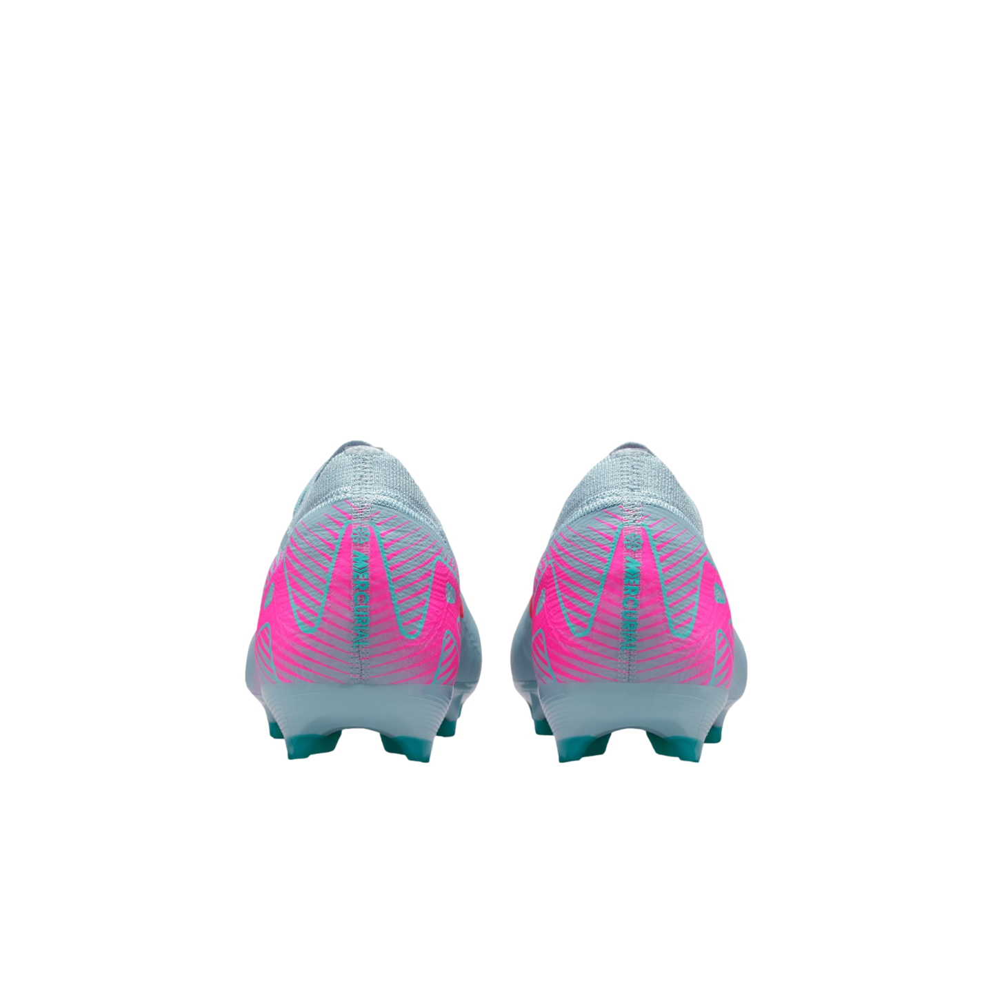 Rear view of light blue Nike Mercurial soccer boots with vibrant pink patterns on the heels and teal accents against a white background.