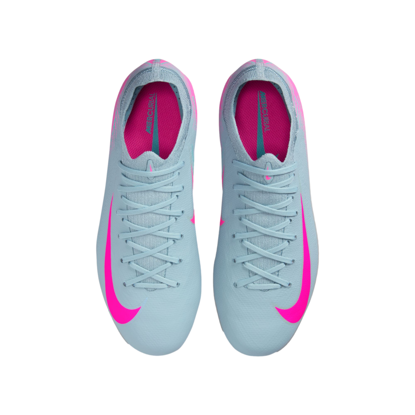 Top-down view of light blue Nike Mercurial soccer cleats featuring bright pink accents and light blue laces on a white background.