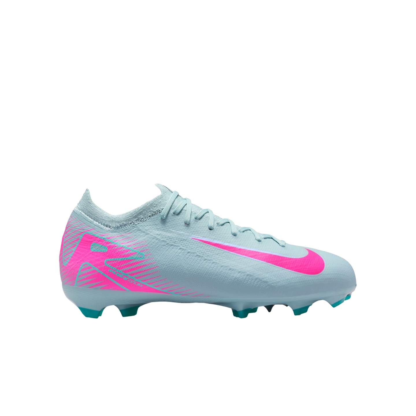 Side profile of a light blue Nike soccer cleat with a bright pink swoosh and graphic heel accents.