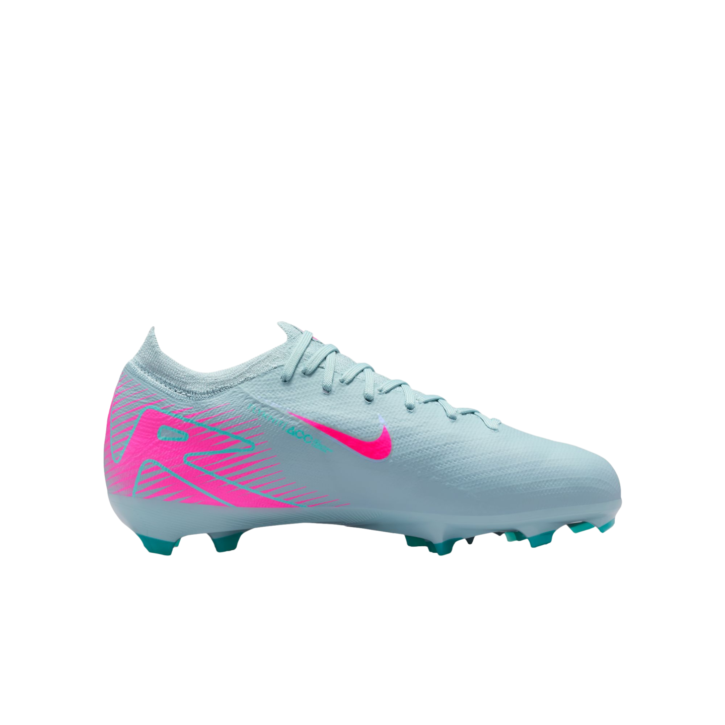 Side view of a light blue Nike soccer cleat with hot pink accents and teal studs on a white background.