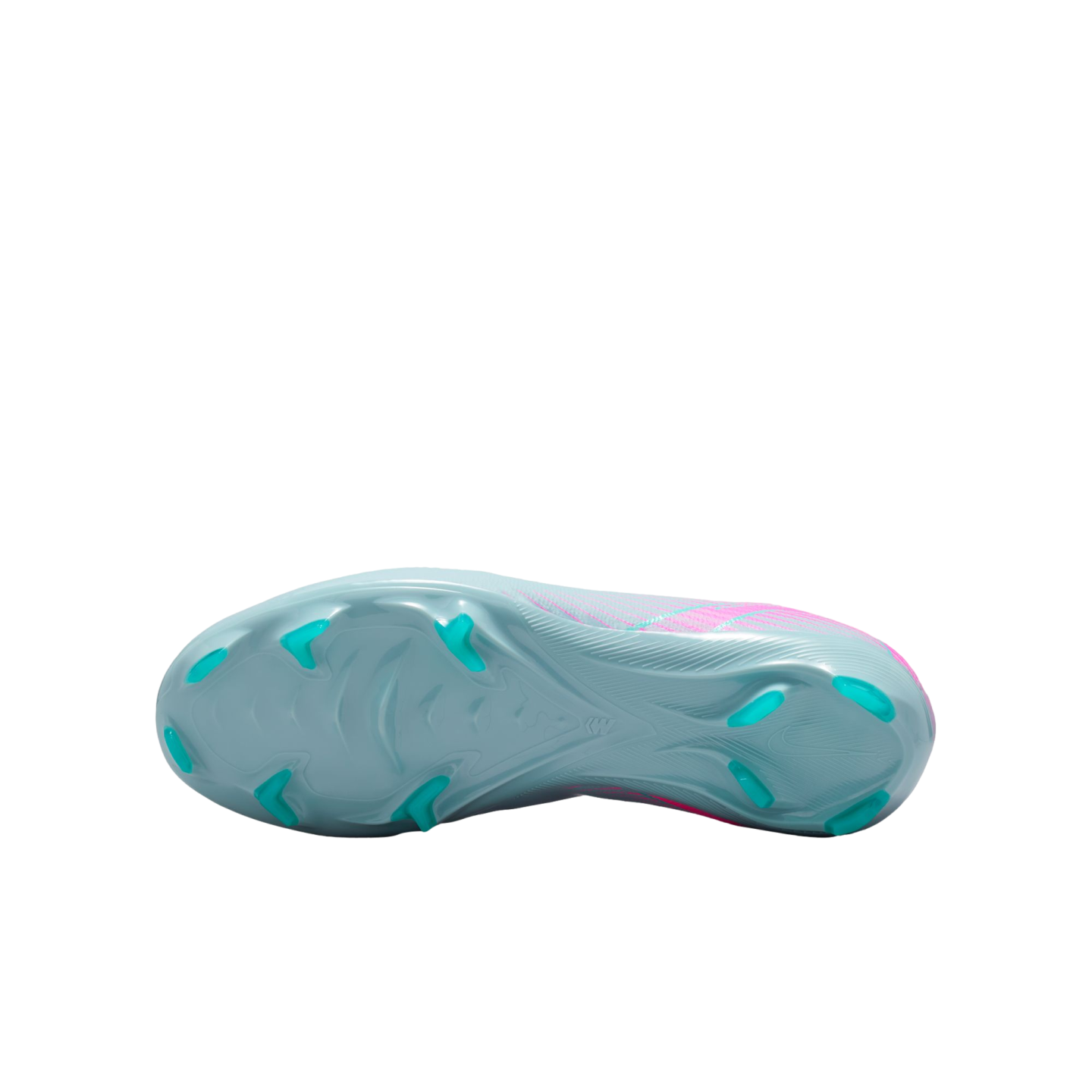 Bottom view of a light blue soccer cleat with bright teal studs and pink accents, shown against a white background.