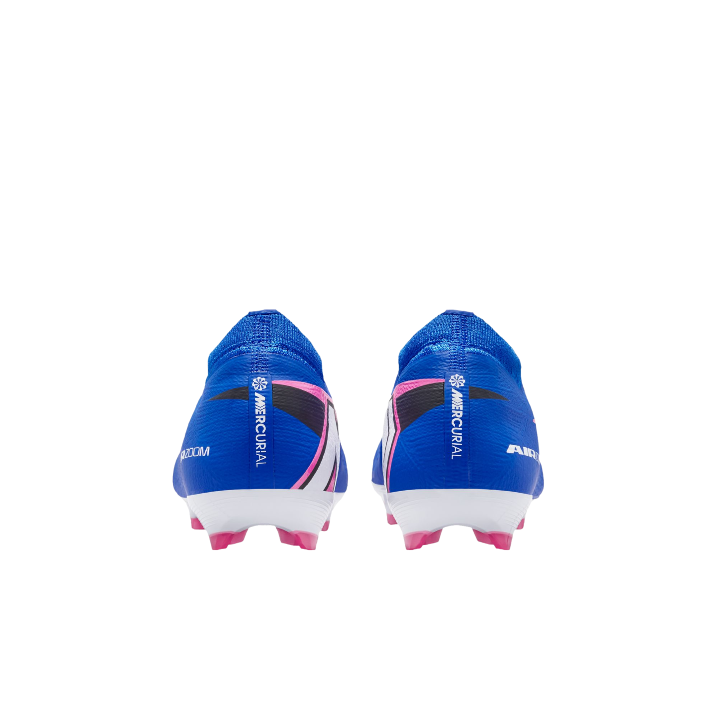 Rear view of two blue Nike Mercurial soccer cleats with pink and white accents on a solid black background.