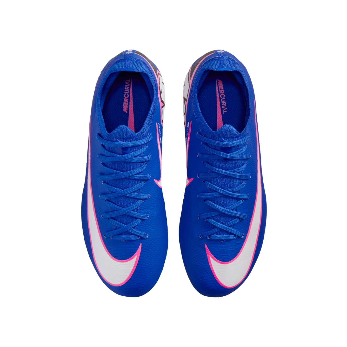 Top-down view of a pair of bright blue Nike Mercurial soccer cleats with large white swooshes outlined in pink, isolated on a black background.