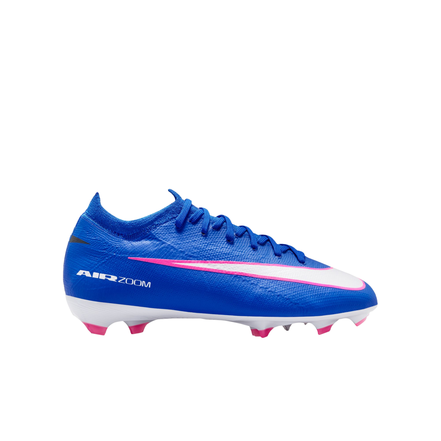 A side profile of a blue Nike Air Zoom Mercurial soccer cleat with a white and pink swoosh and pink-tipped studs against a black background.