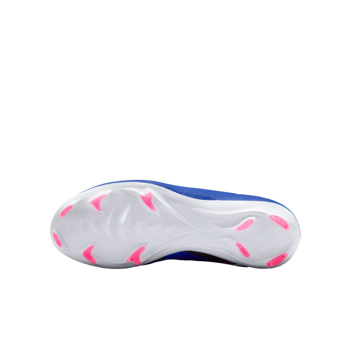 The bottom view of a blue Nike soccer cleat with a white sole and bright pink studs, shown against a solid black background.