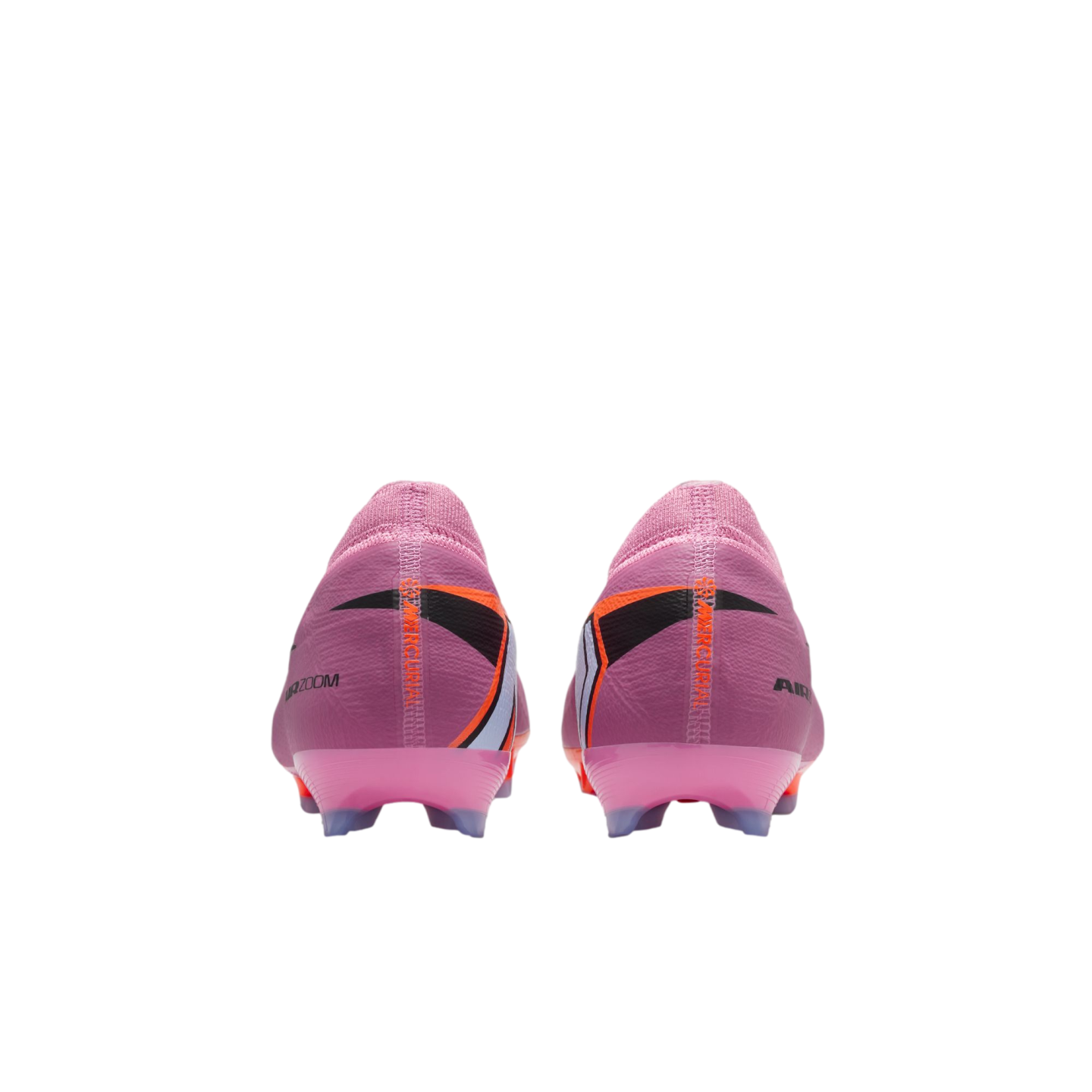 Rear view of pink and purple Nike Mercurial soccer cleats with orange and black details and transparent blue studs.