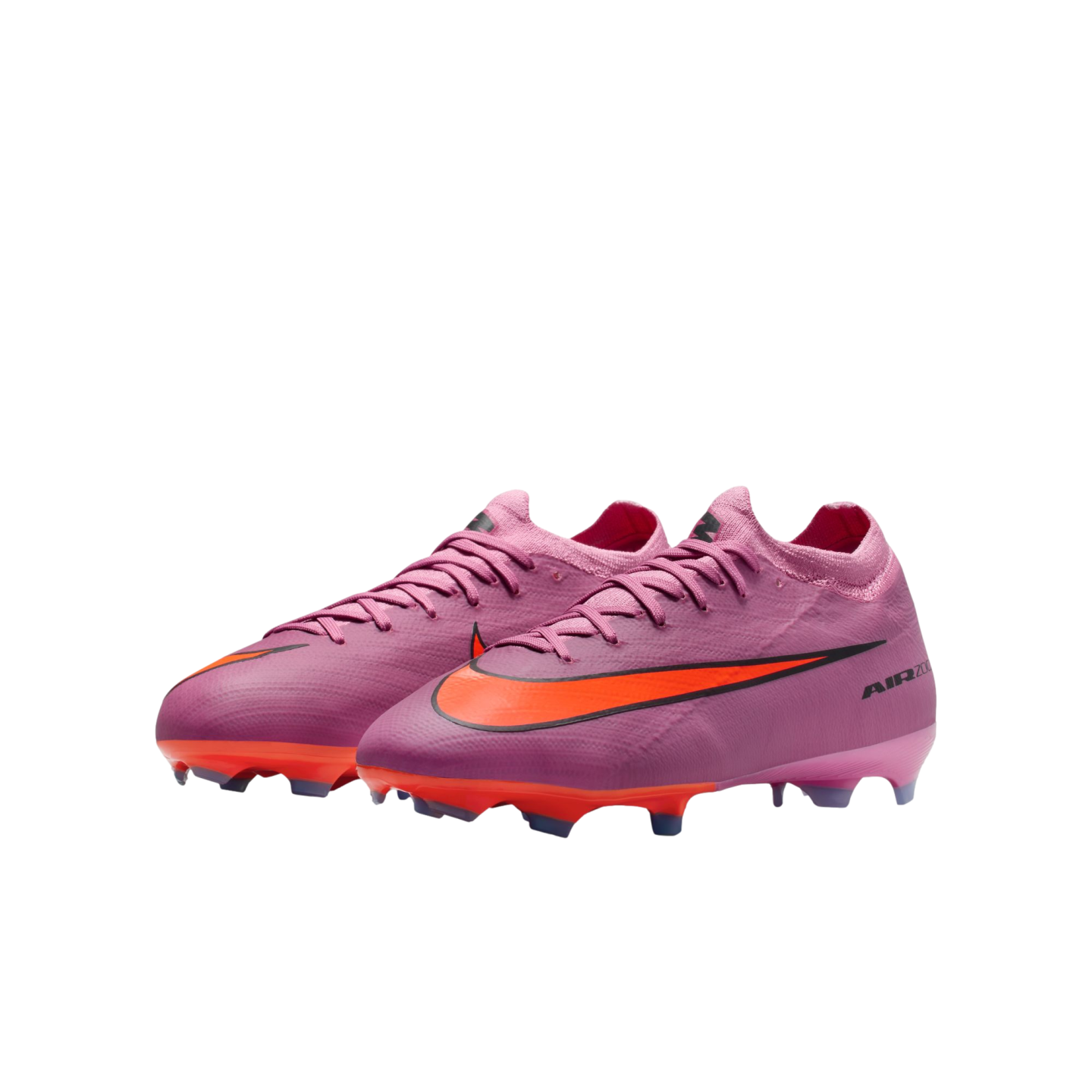 Pair of purple Nike Air Zoom Mercurial soccer cleats with bright orange swooshes and matching studs, set against a solid black background.