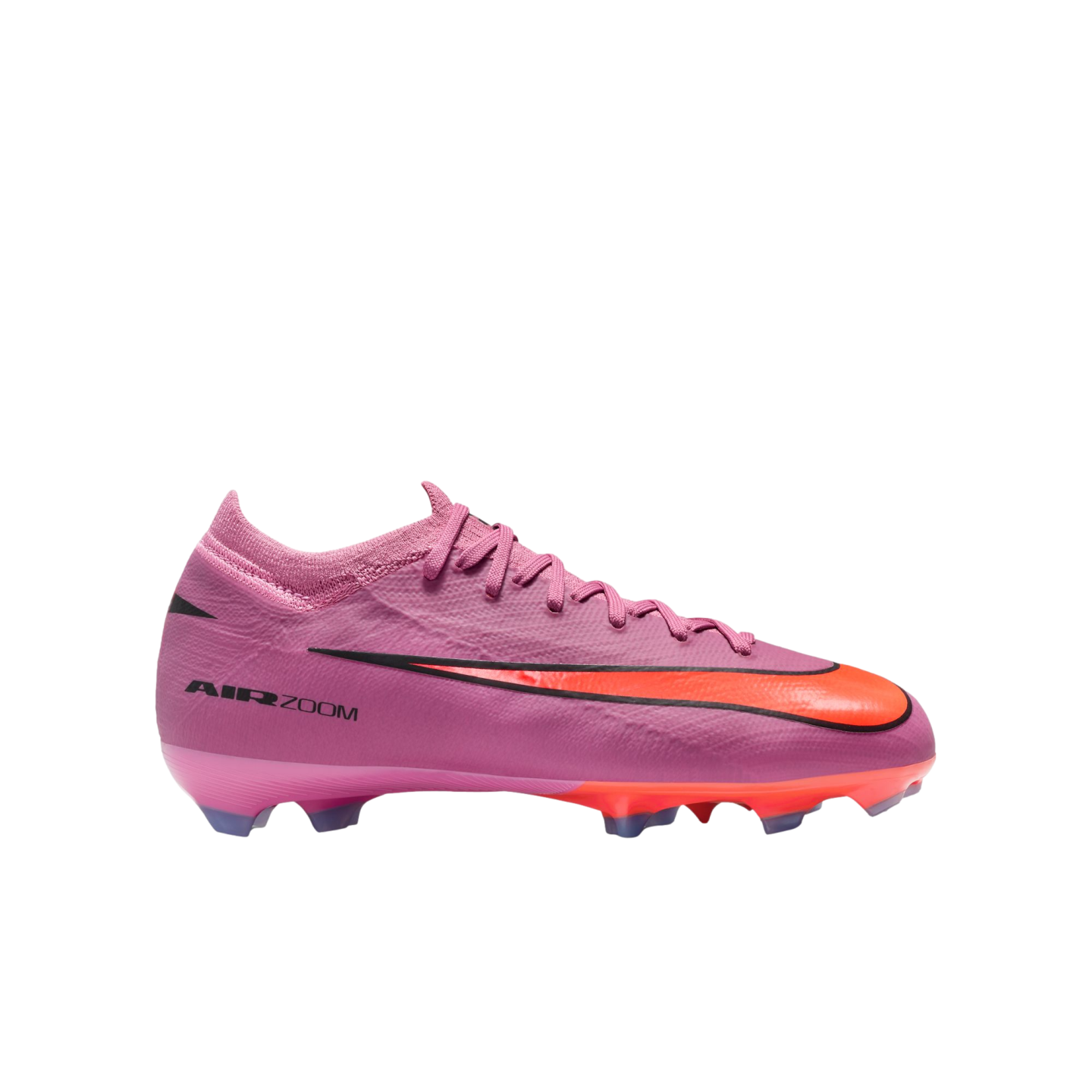 A pink and orange Nike Air Zoom soccer cleat shown from a side profile view against a black background.