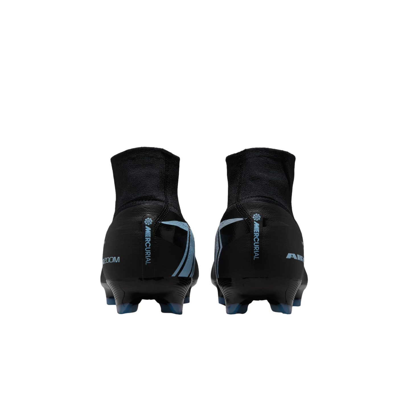 Rear view of two black Nike Mercurial soccer cleats featuring high-top collars and light blue branding, displayed against a solid black background.
