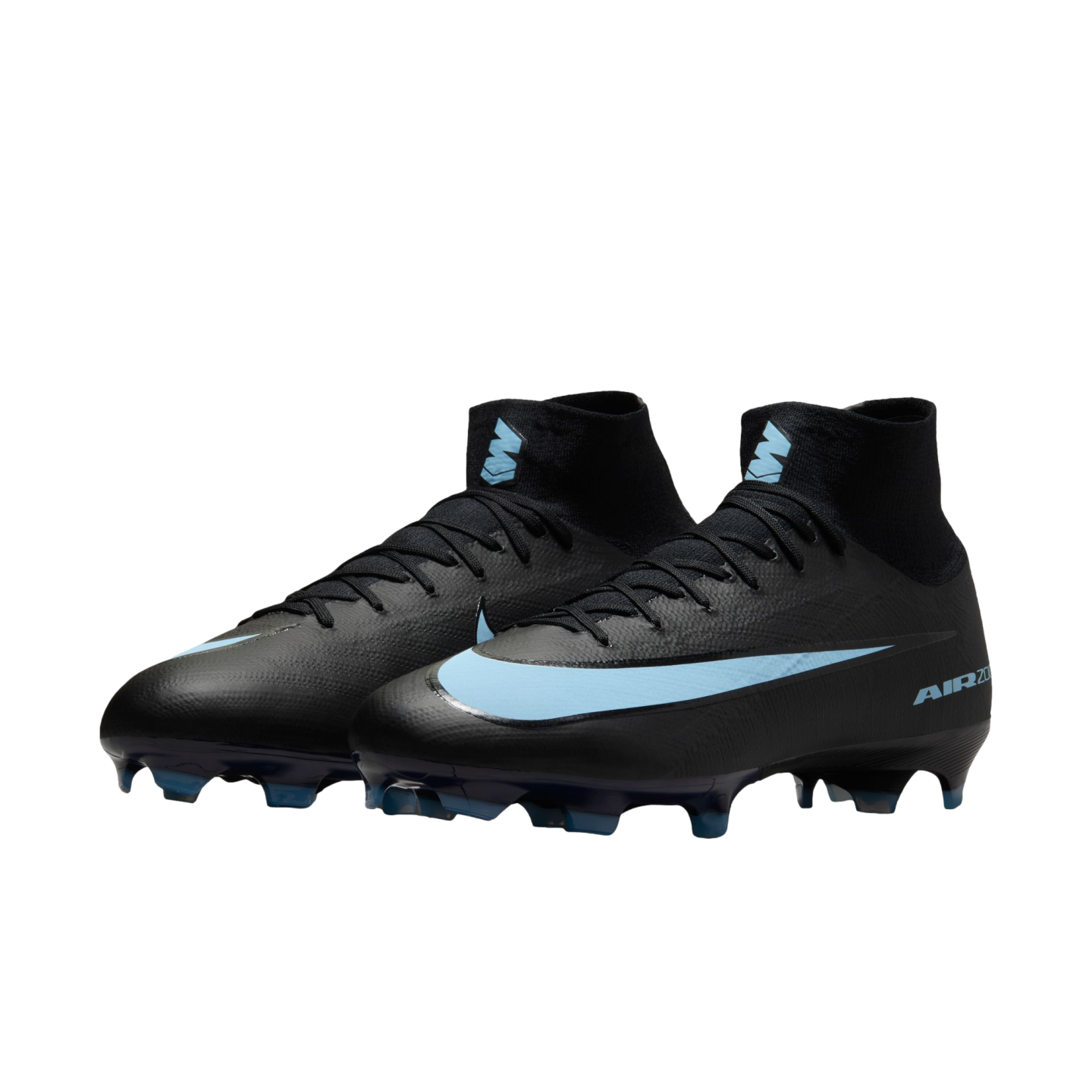 A pair of black Nike Mercurial Superfly soccer cleats with light blue accents and a high-top collar, shown on a plain black background.