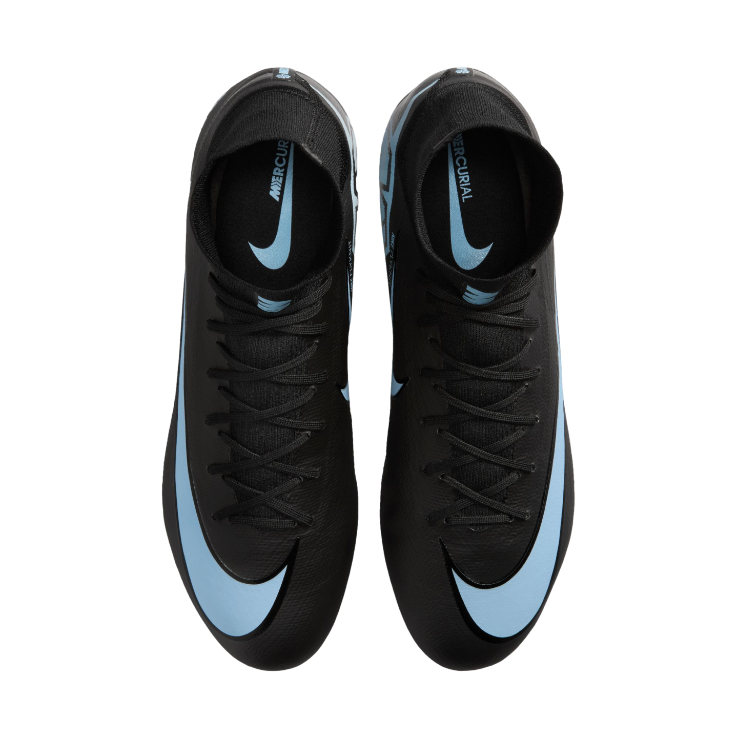 Top-down view of black Nike Mercurial soccer cleats with light blue Swoosh logos and branding on a black background.